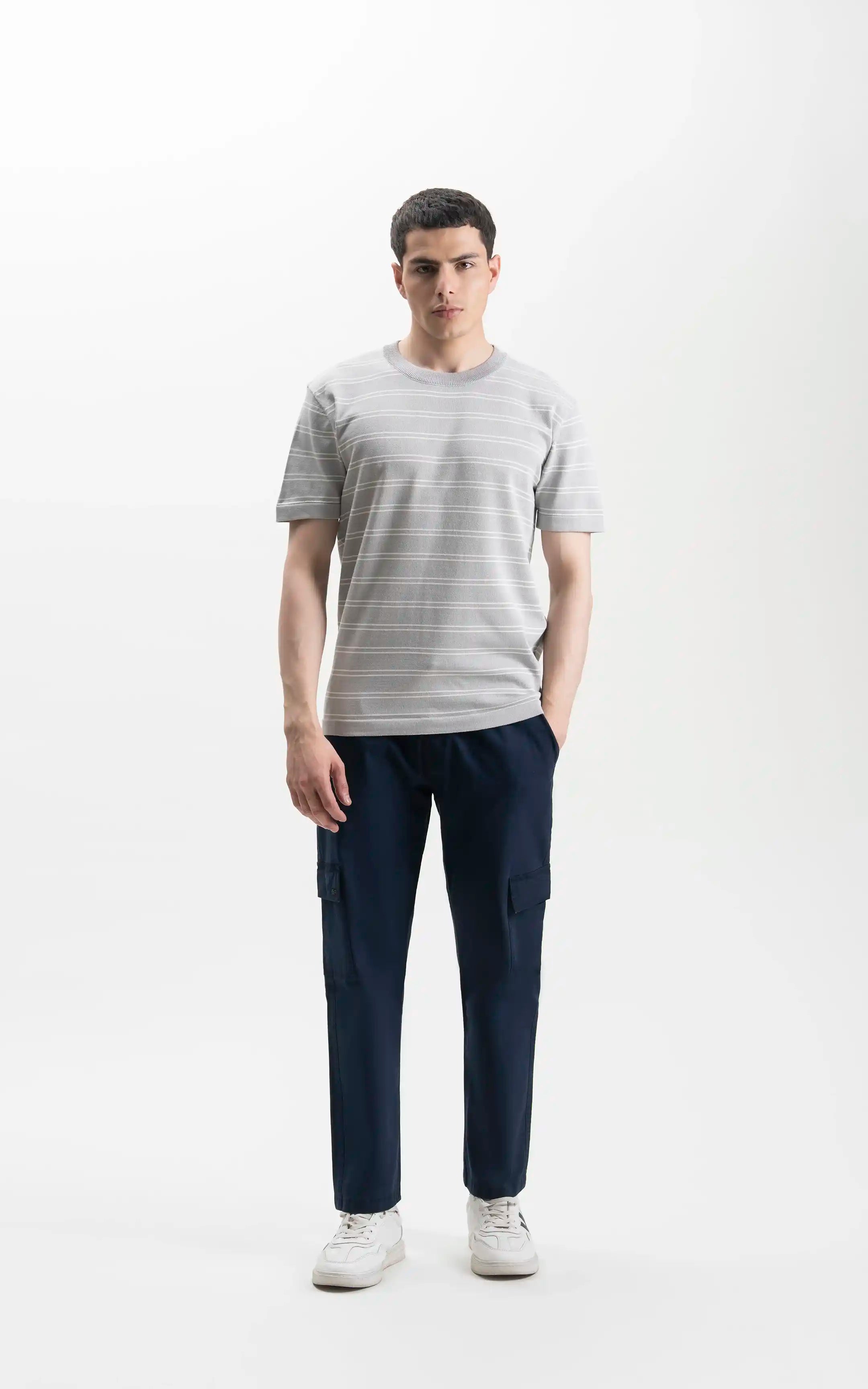 CREW NECK SWEATER KNIT HORIZONTAL STRIPED T-SHIRT LIGHT GREY
