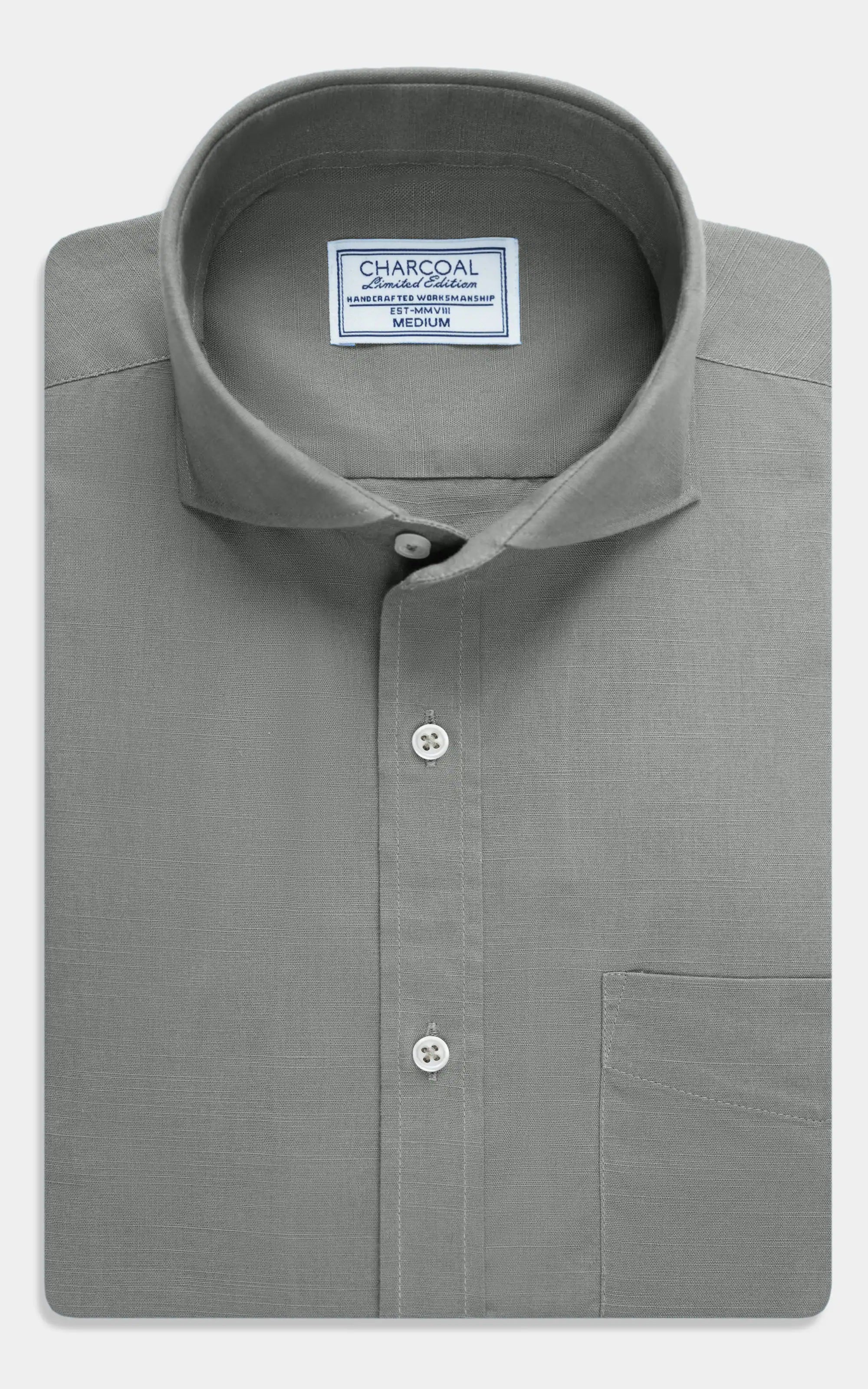 Light gray linen button-up shirt with wide spread collar and button placket