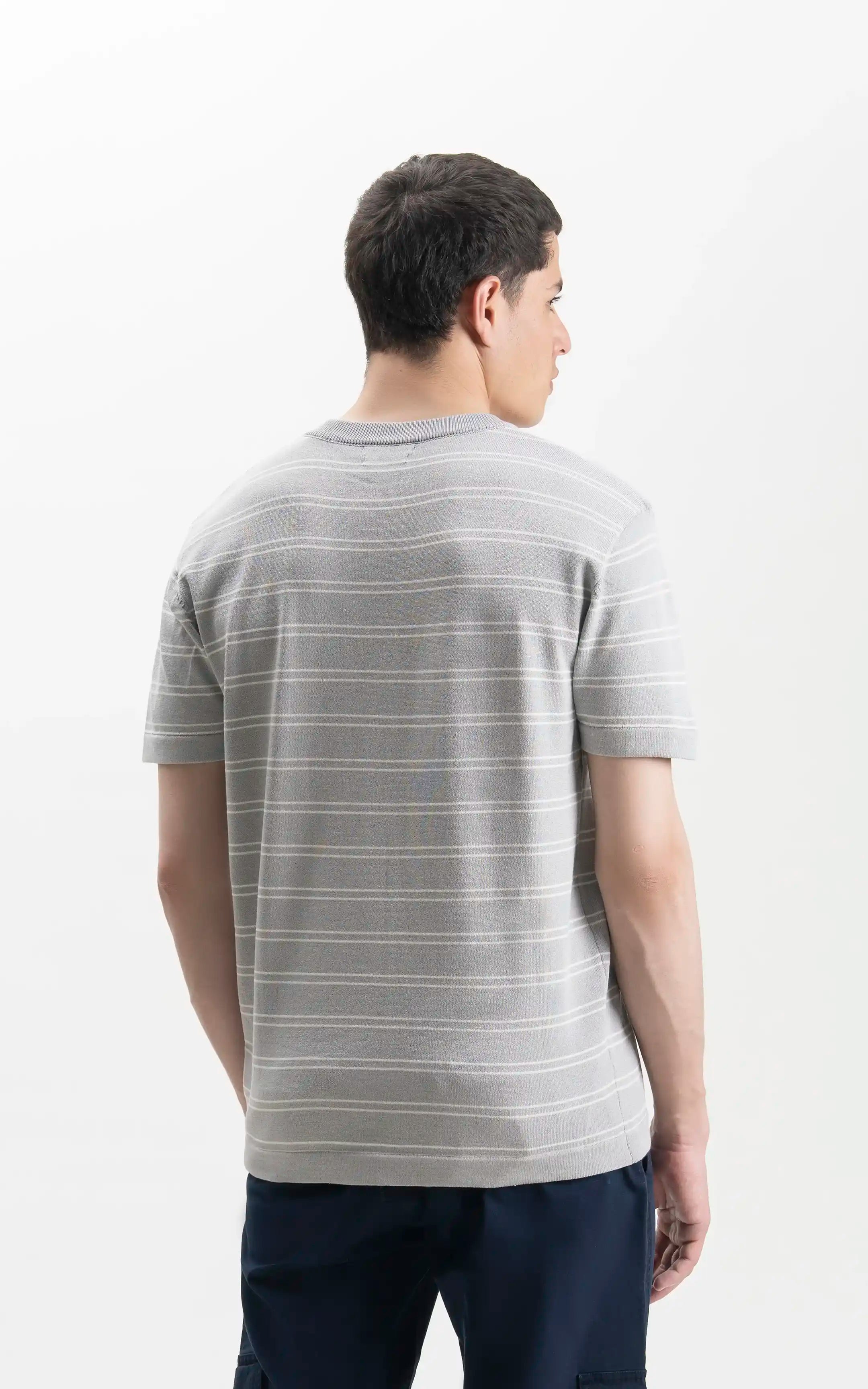 CREW NECK SWEATER KNIT HORIZONTAL STRIPED T-SHIRT LIGHT GREY