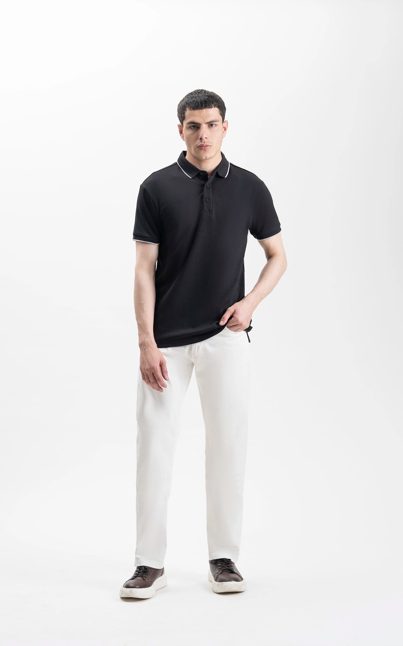JACQUARD TEXTURED TIPPED POLO SHIRT BLACK