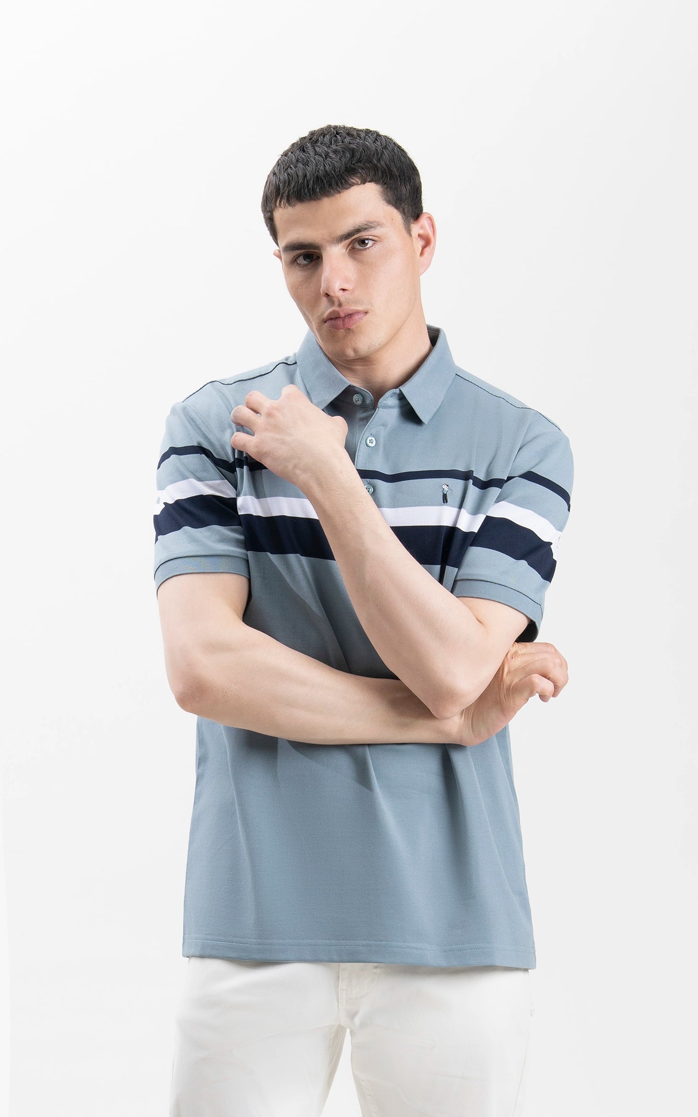 SMART FIT CLASSIC PREMIUM STRIPED POLO SHIRT PALE BLUE