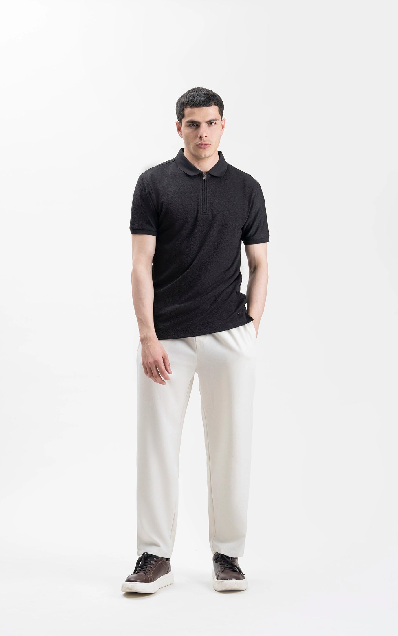 JACQUARD TEXTURED ZIP POLO SHIRT BLACK