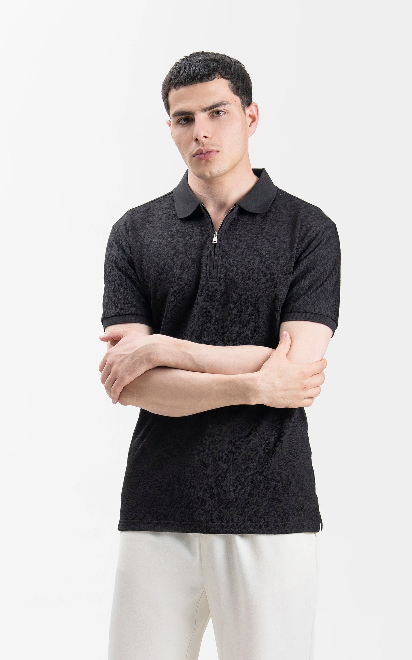 JACQUARD TEXTURED ZIP POLO SHIRT BLACK