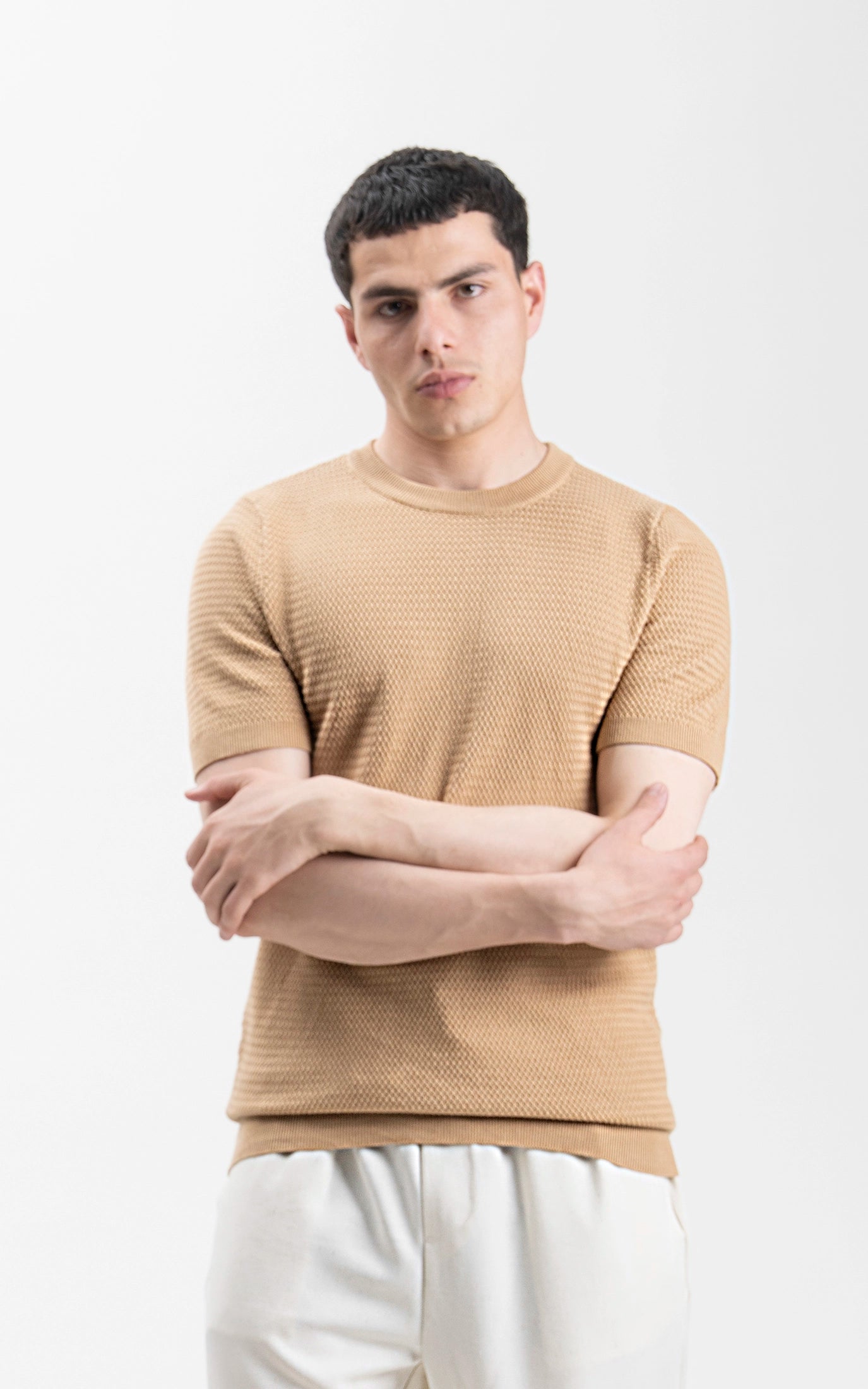 SWEATER KNIT SELF TEXTURED CREW NECK T SHIRT KHAKI
