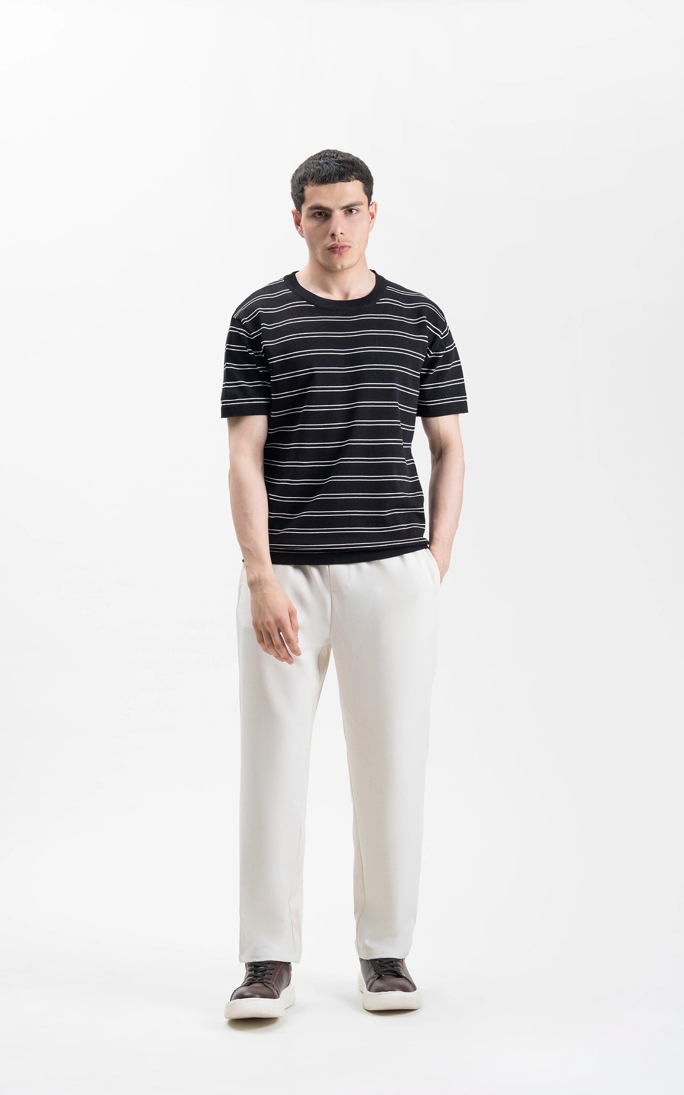 CREW NECK SWEATER KNIT HORIZONTAL STRIPED T-SHIRT BLACK