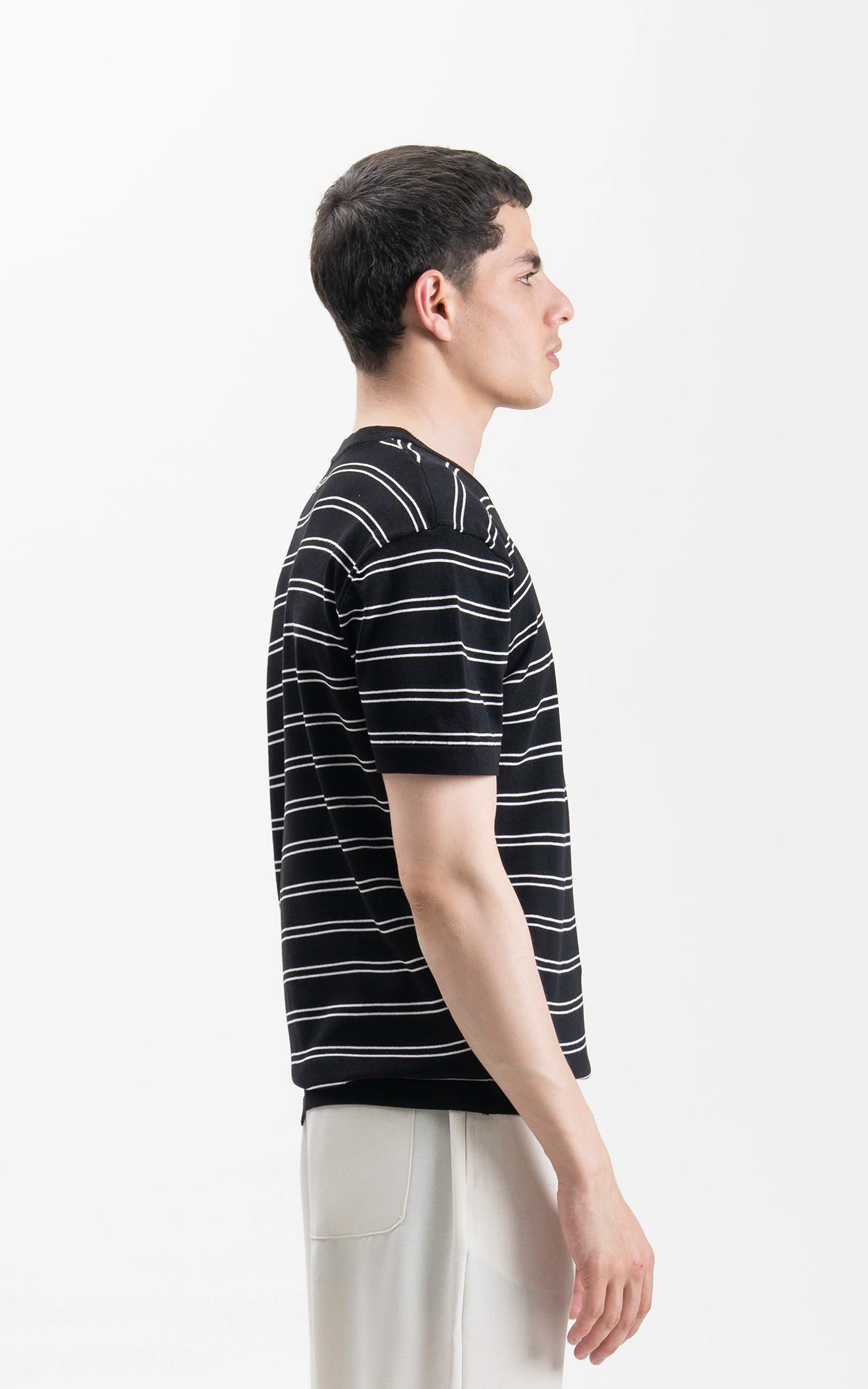 CREW NECK SWEATER KNIT HORIZONTAL STRIPED T-SHIRT BLACK