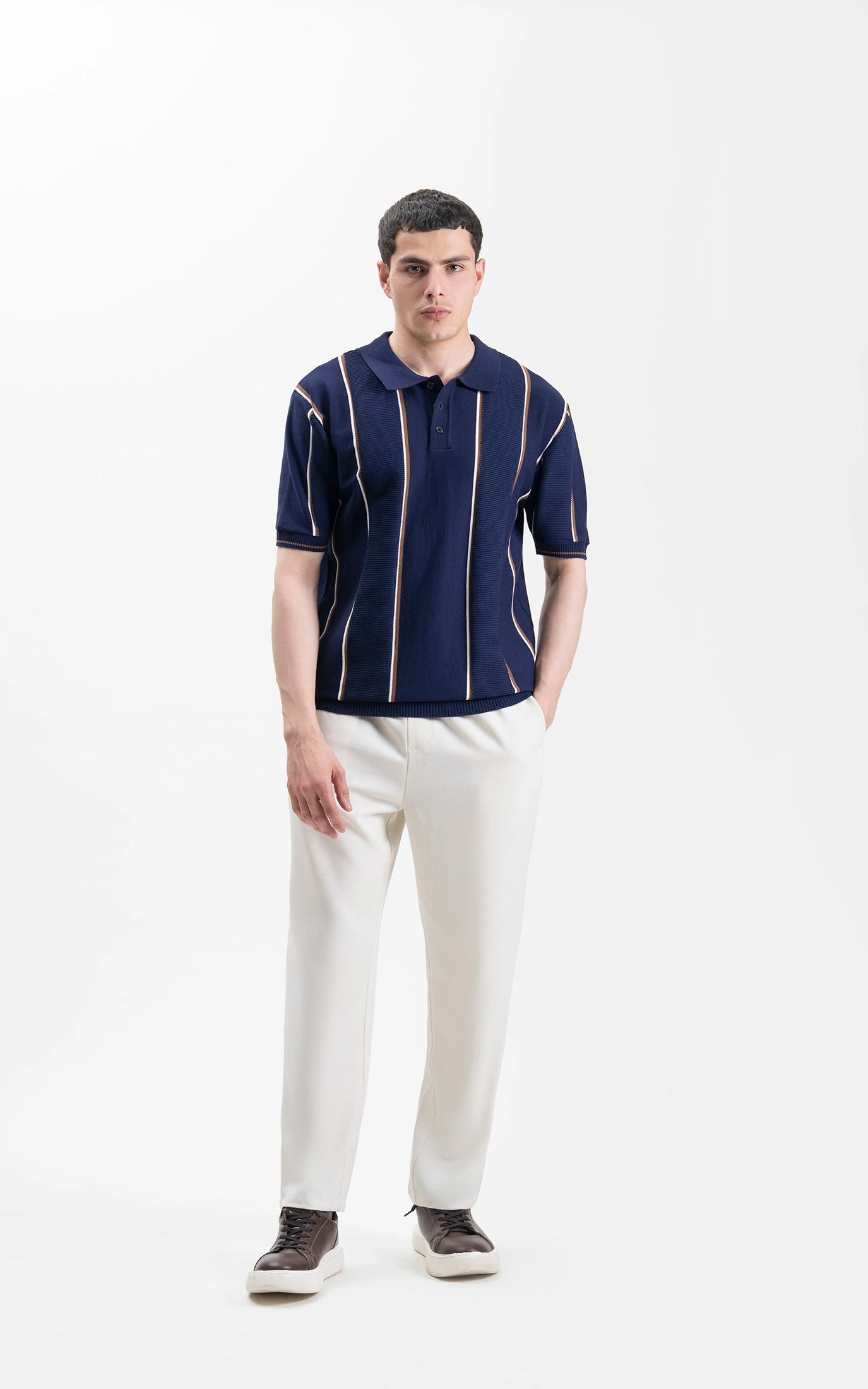 SWEATER KNIT VERTICAL STRIPED POLO SHIRT NAVY