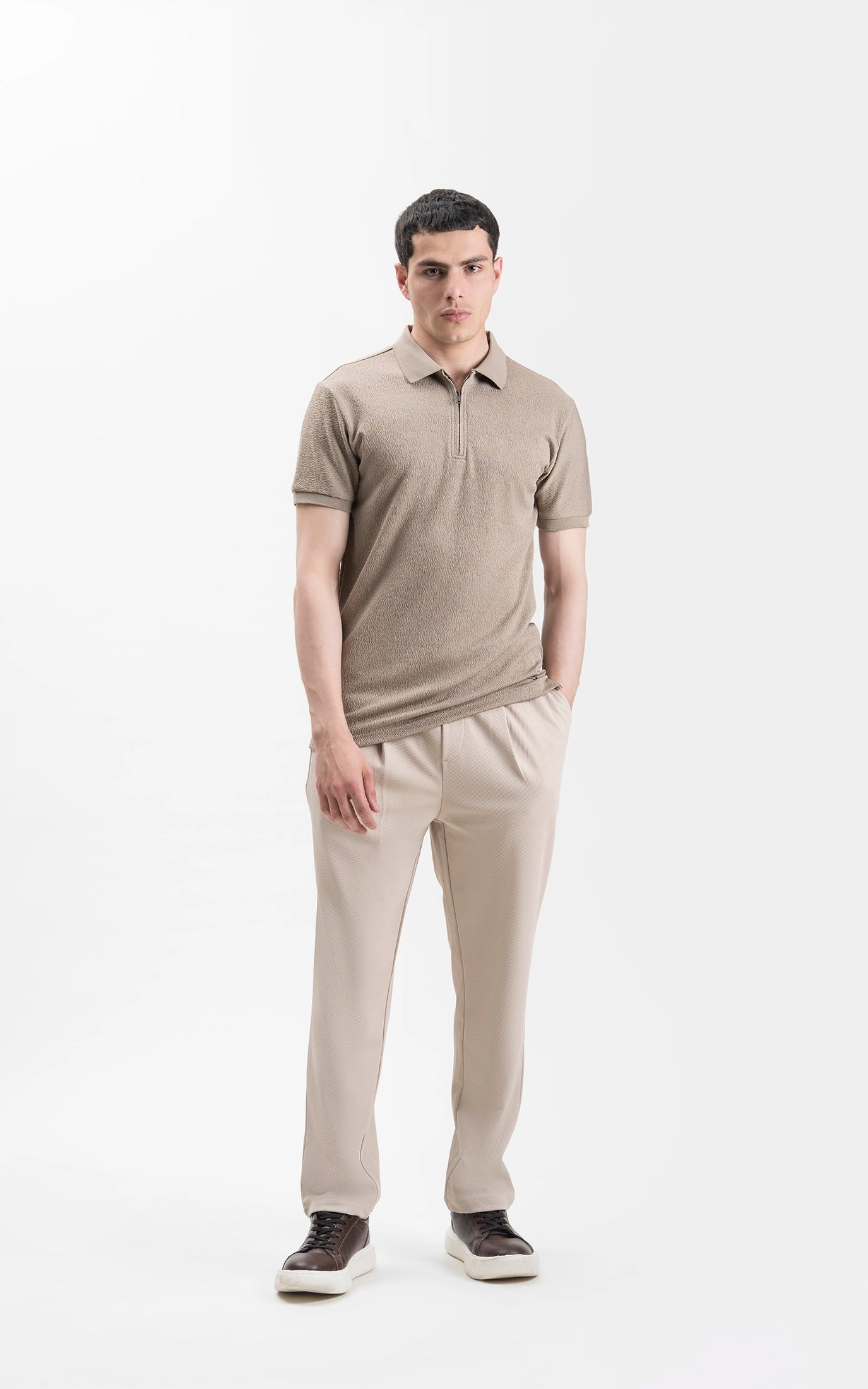 JACQUARD TEXTURED ZIP POLO SHIRT KHAKI