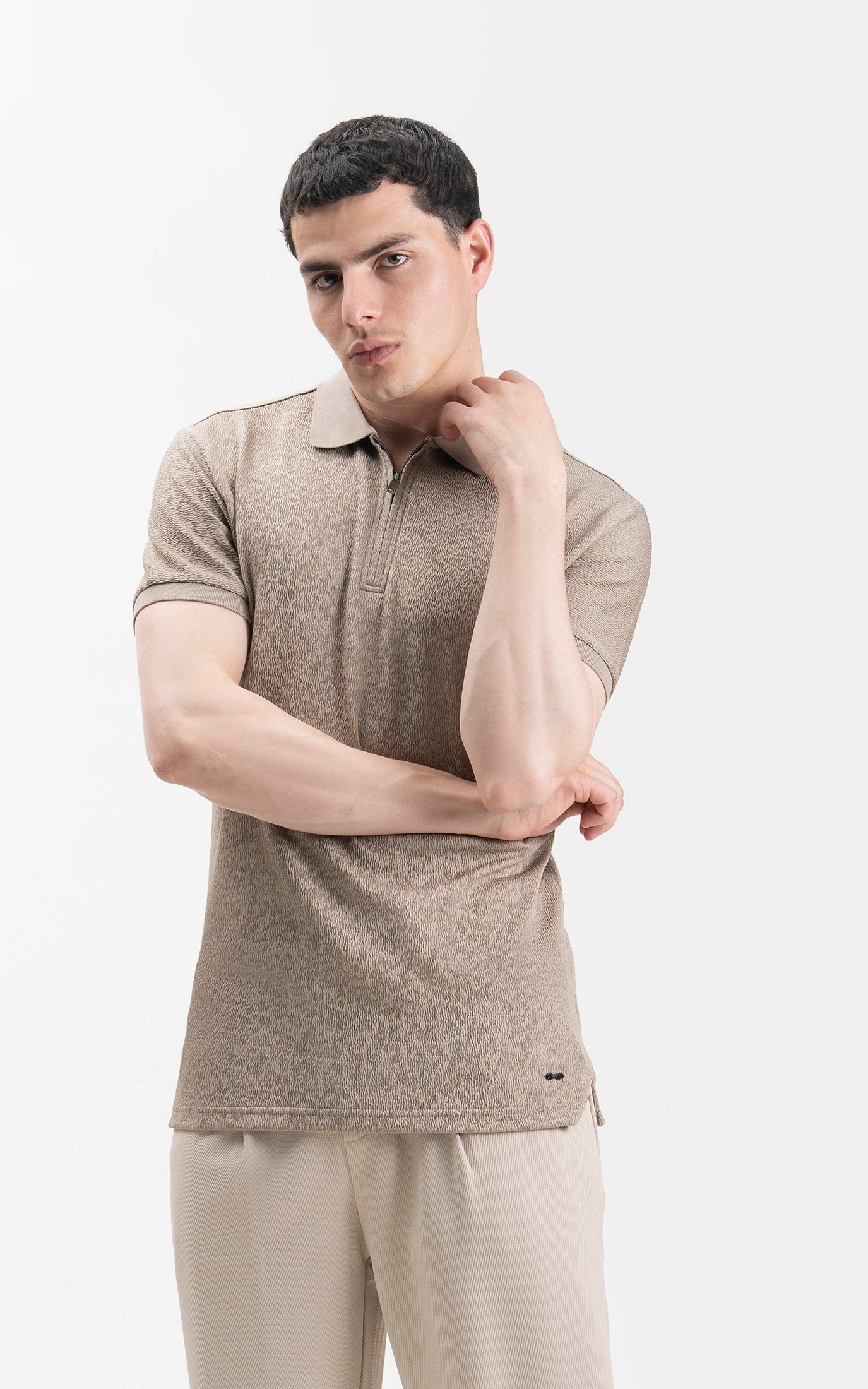 JACQUARD TEXTURED ZIP POLO SHIRT KHAKI