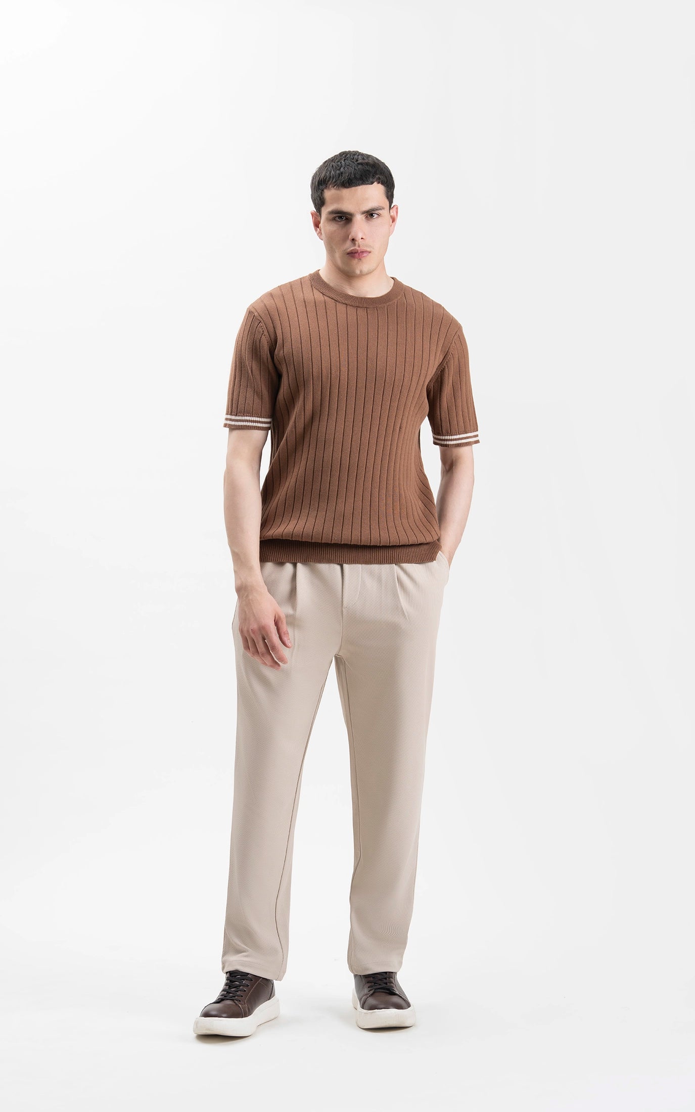 SWEATER KNIT SELF STRIPED CREW  NECK T SHIRT BROWN