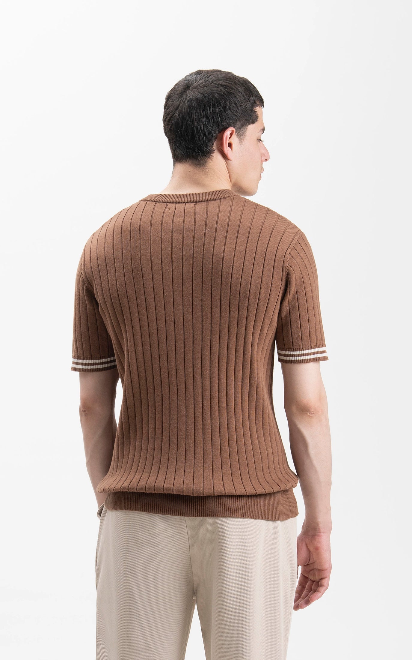 SWEATER KNIT SELF STRIPED CREW  NECK T SHIRT BROWN