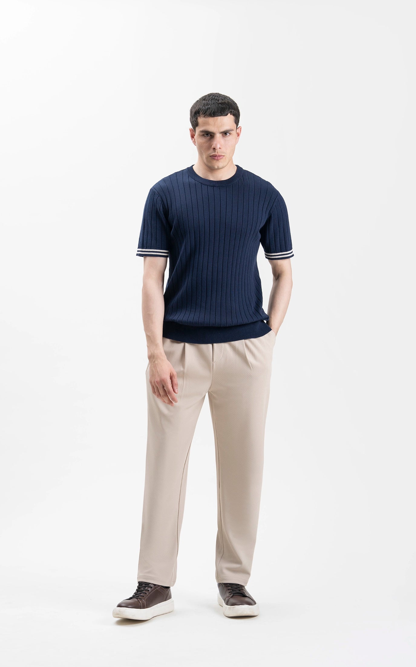 SWEATER KNIT SELF STRIPED CREW  NECK T SHIRT NAVY