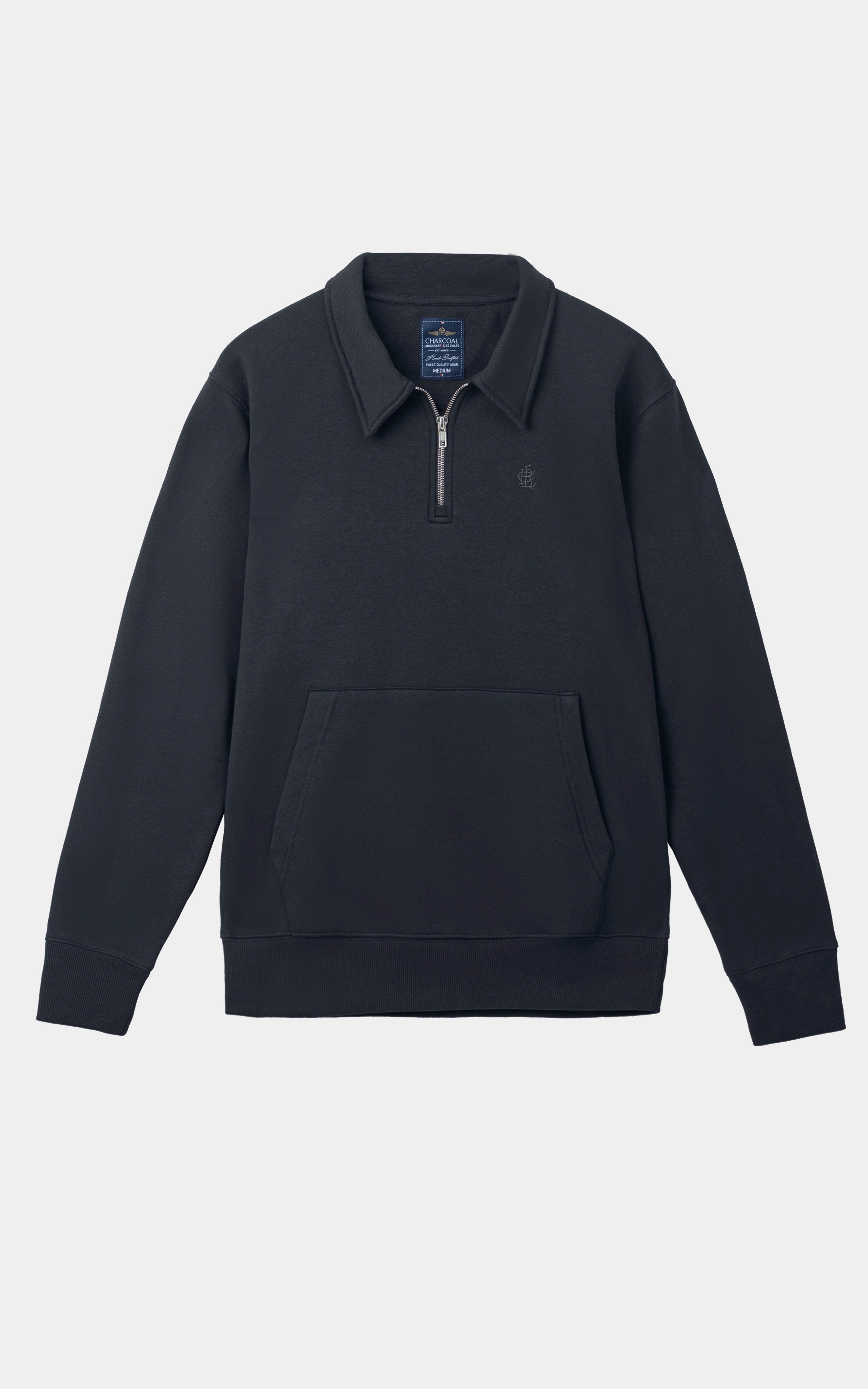 FLEECE EMBROIDERED  COLLARED BLACK