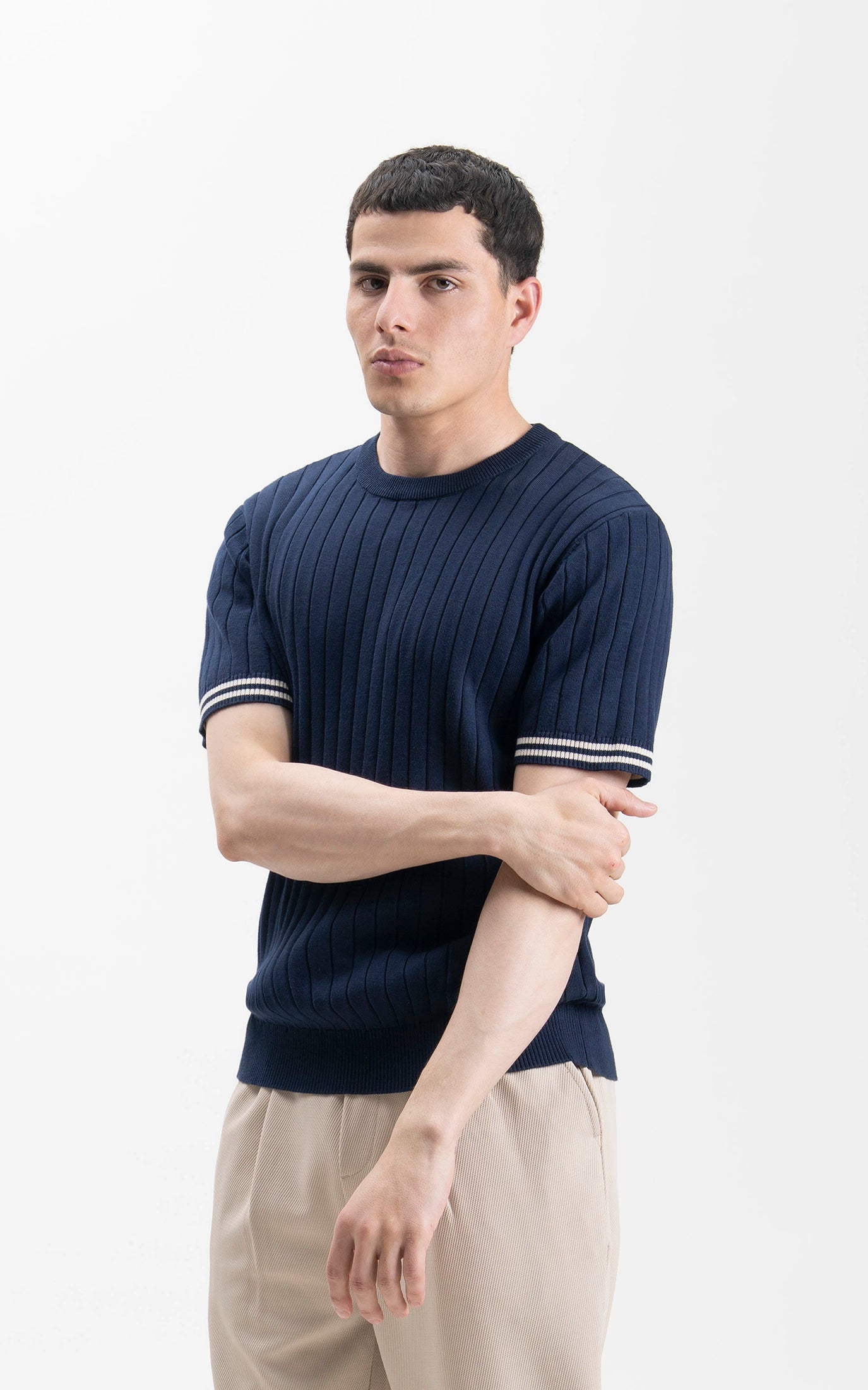 SWEATER KNIT SELF STRIPED CREW  NECK T SHIRT NAVY