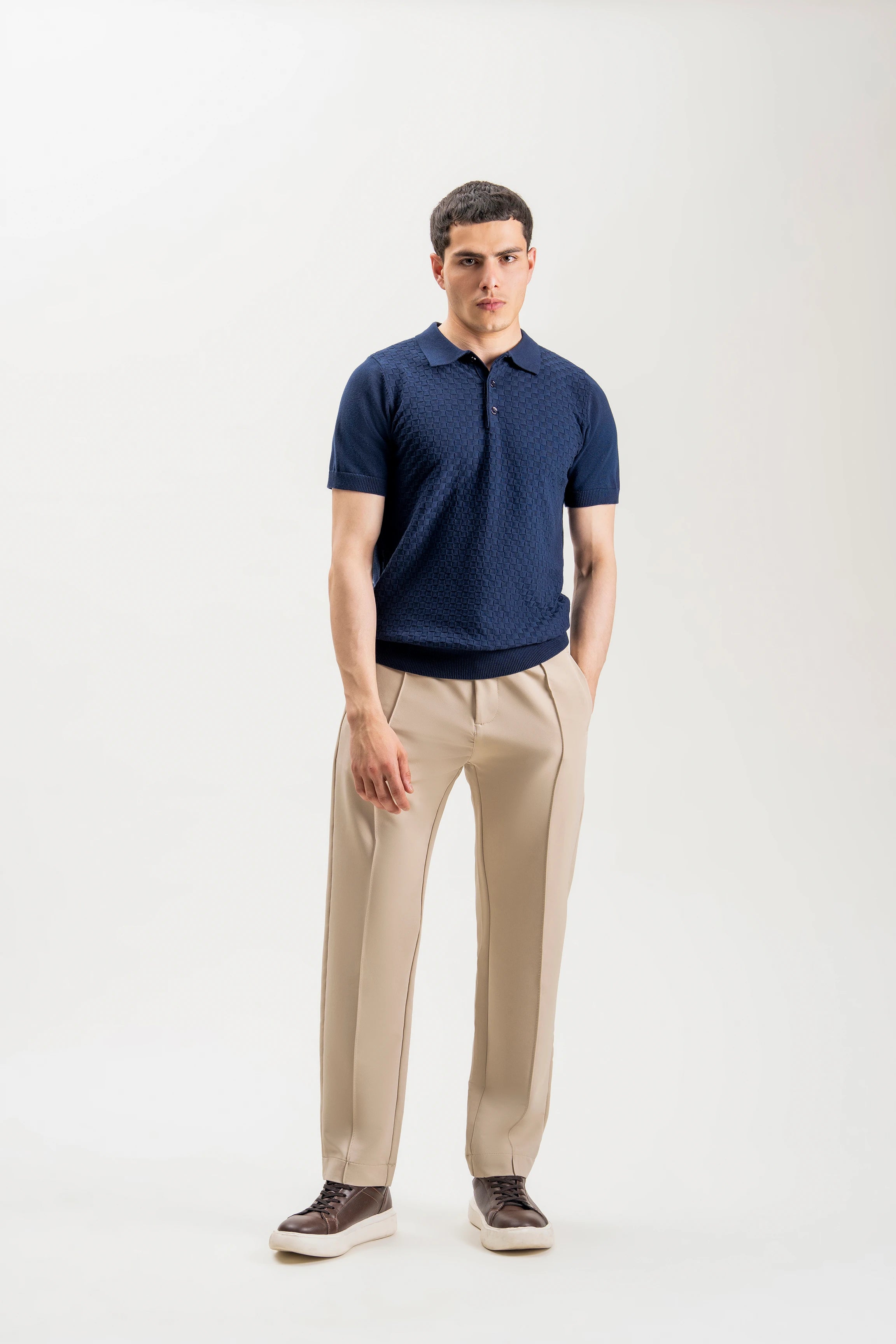SWEATER KNIT SELF TEXTURED POLO NAVY