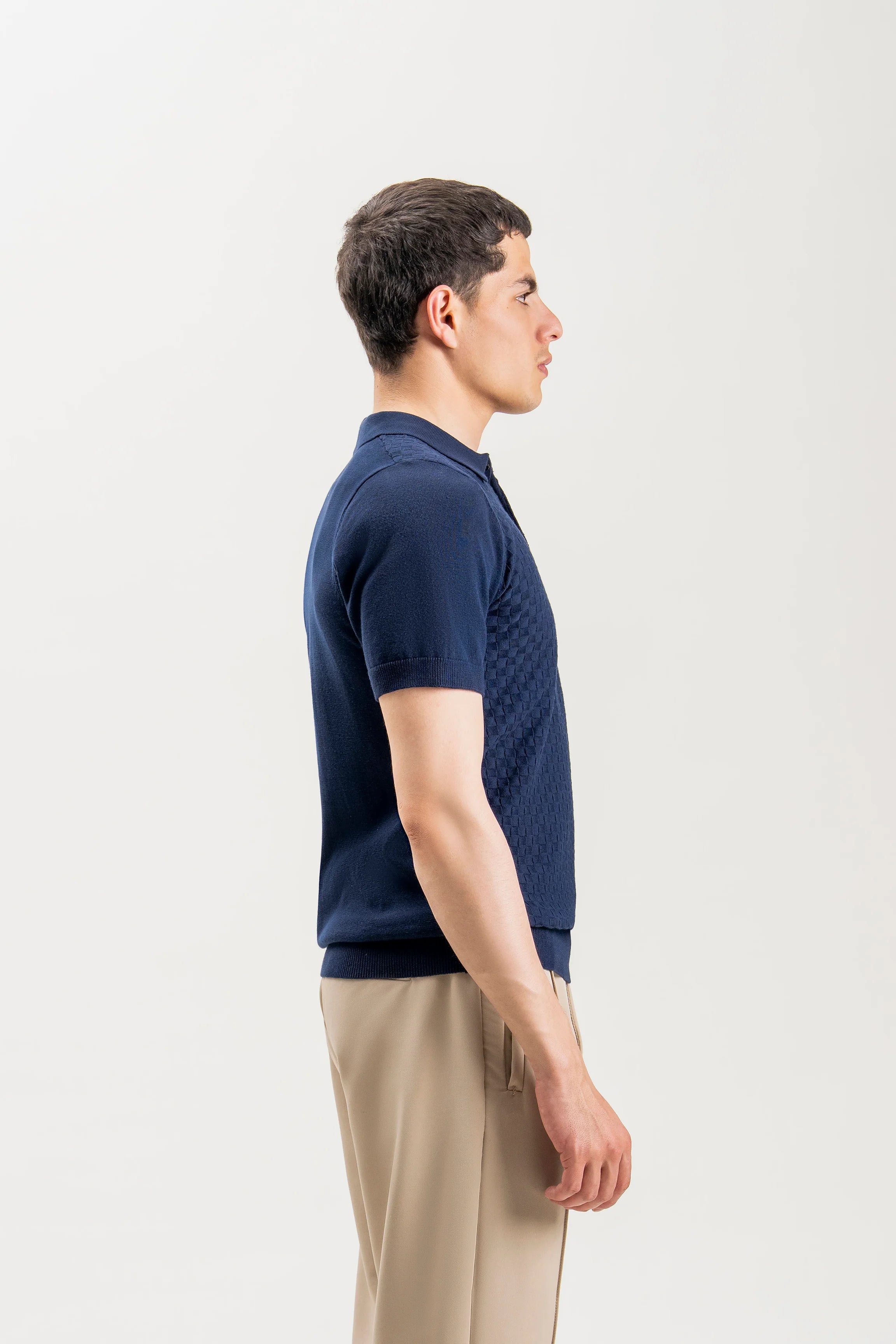 SWEATER KNIT SELF TEXTURED POLO NAVY