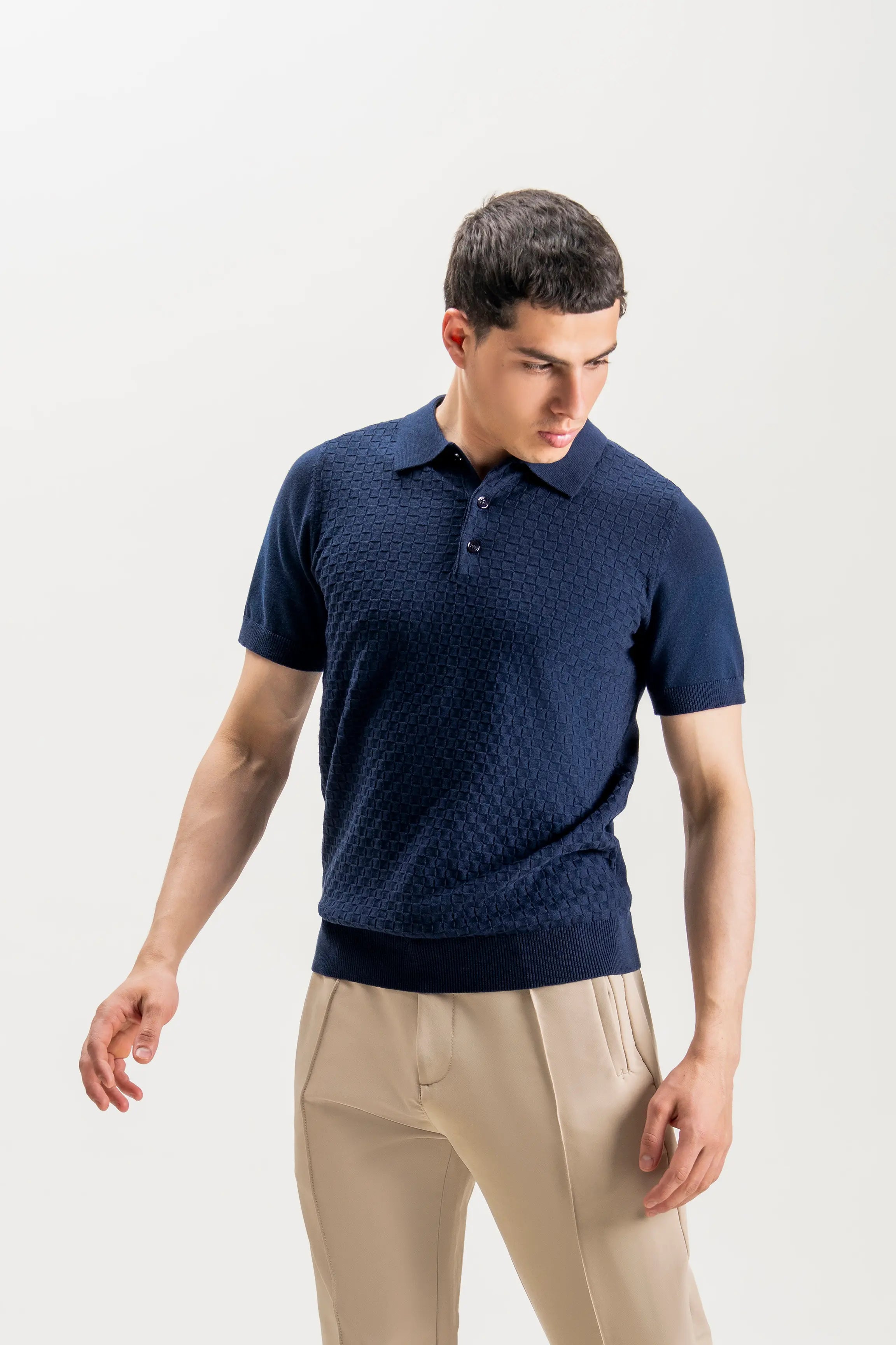 SWEATER KNIT SELF TEXTURED POLO NAVY