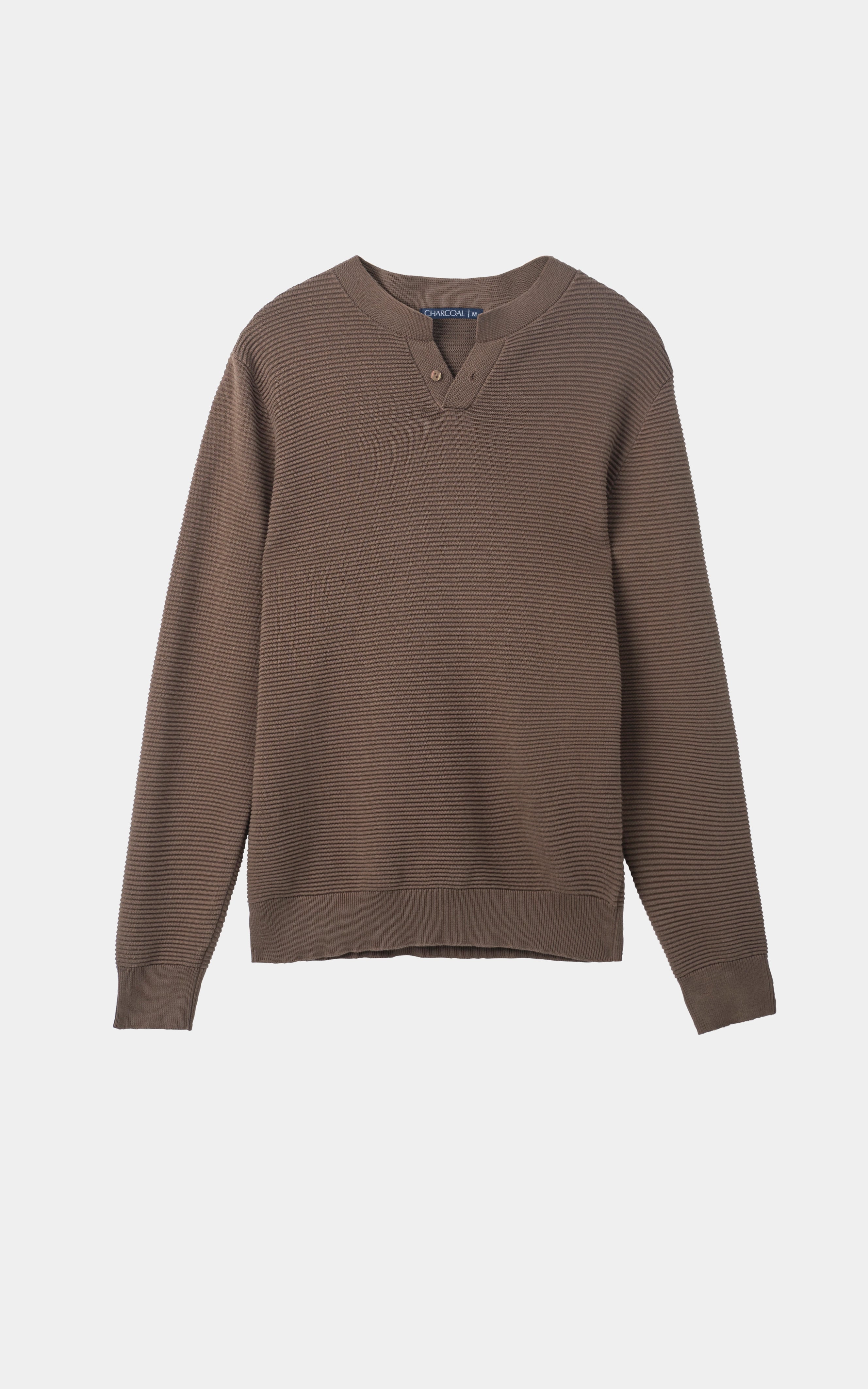 Ribbed Knit Henley Sweater Brown