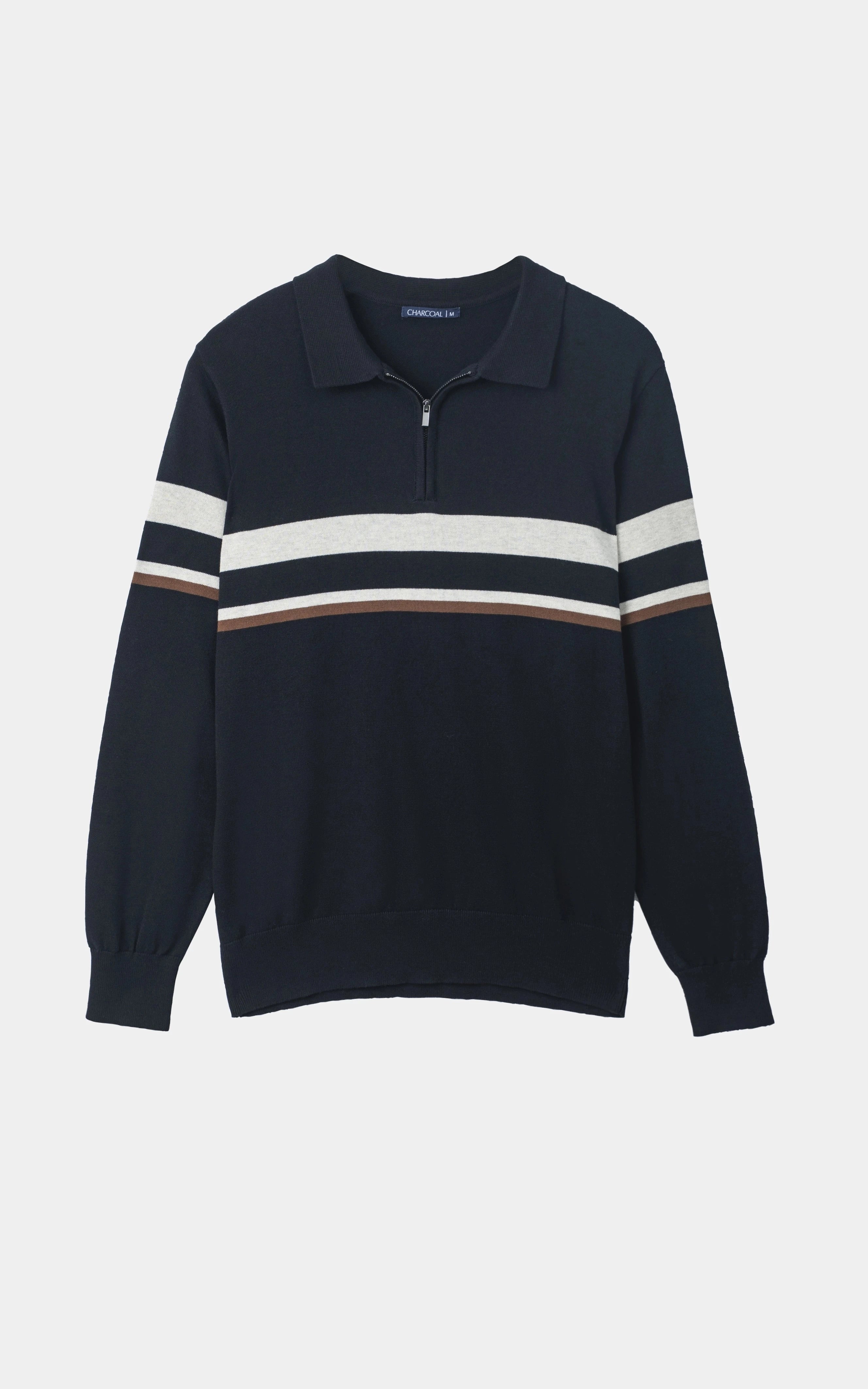 Striped Half-Zip Knit Sweater Black