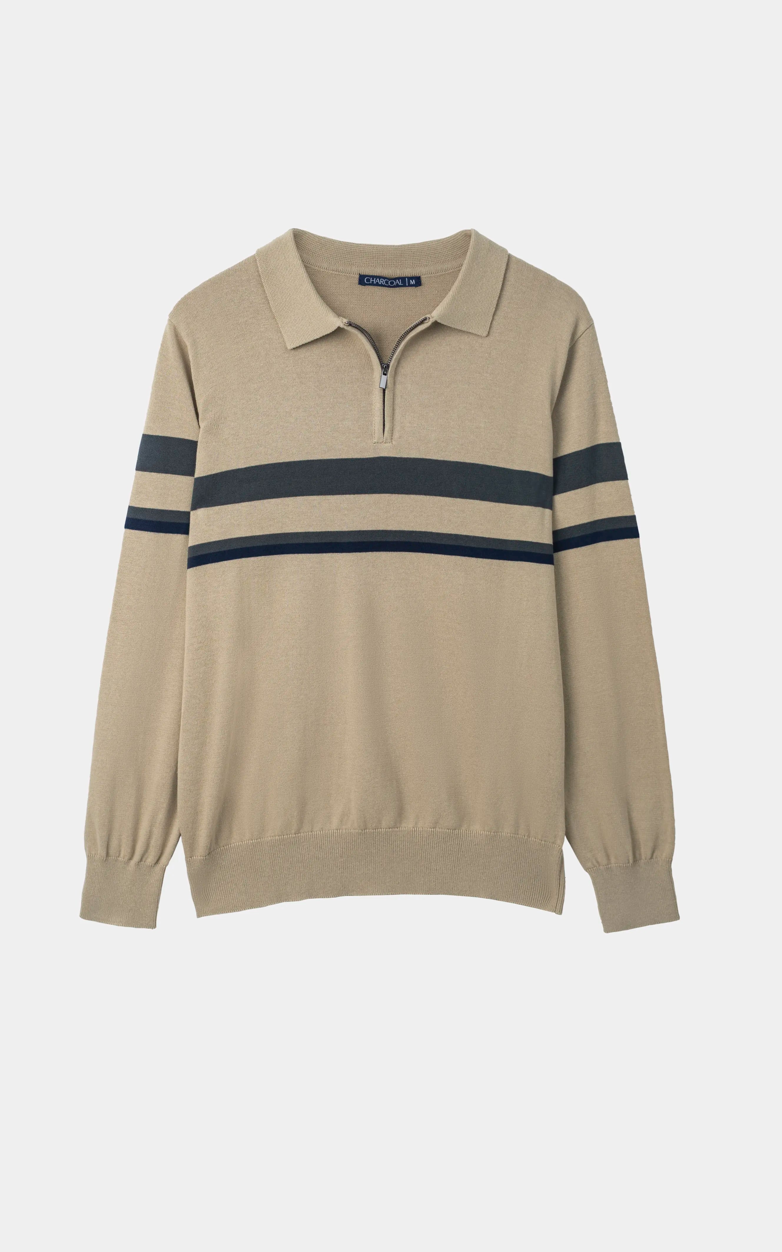 Striped Half-Zip Knit Sweater Light Khaki