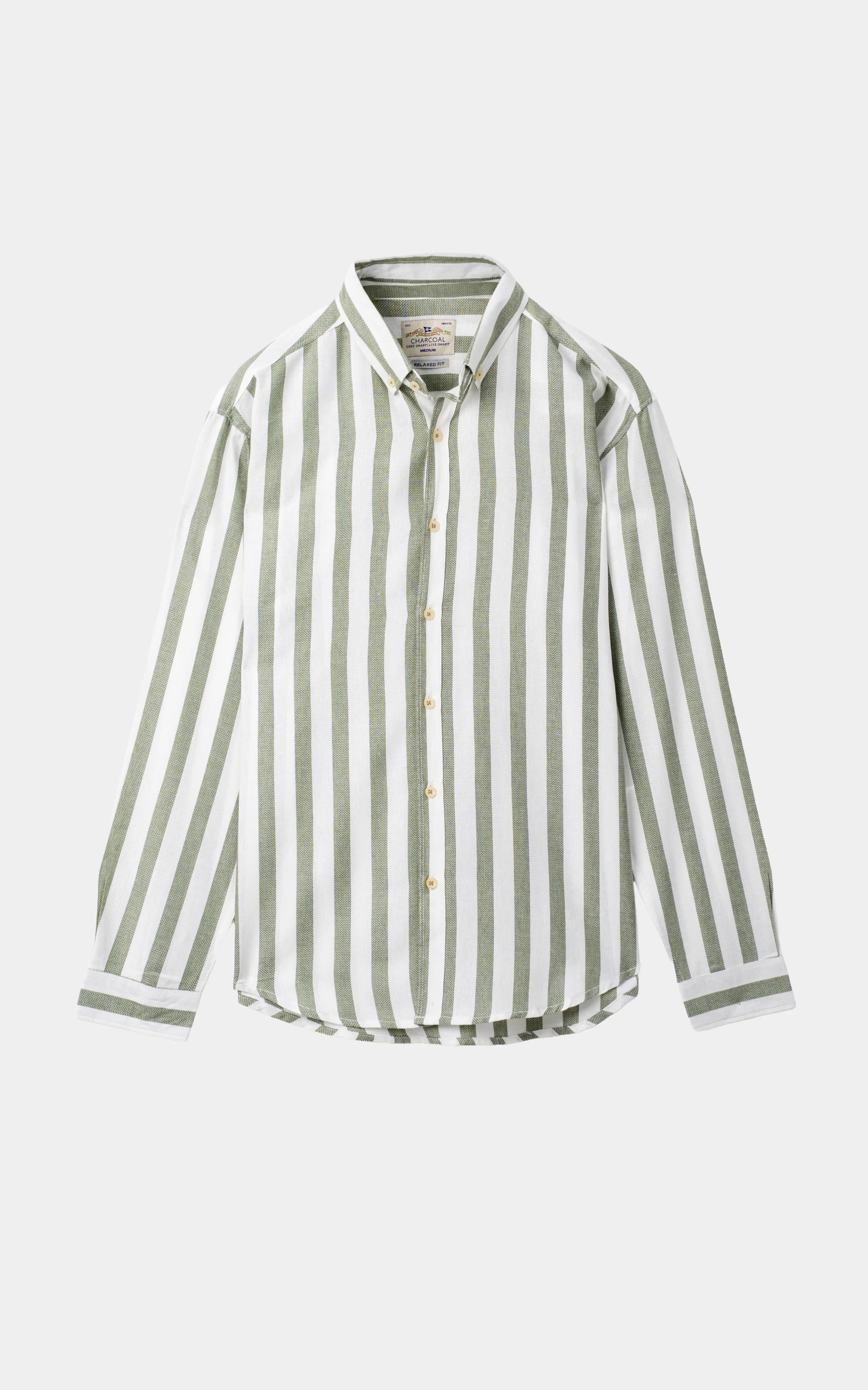 YARN DYED STRIPED CASUAL SHIRT WHITE GREEN STRIPE
