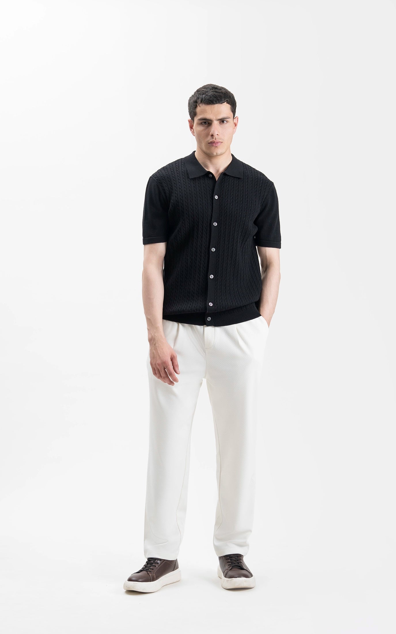 HALF SLEEVE CABLE KNIT CASUAL SHIRT BLACK