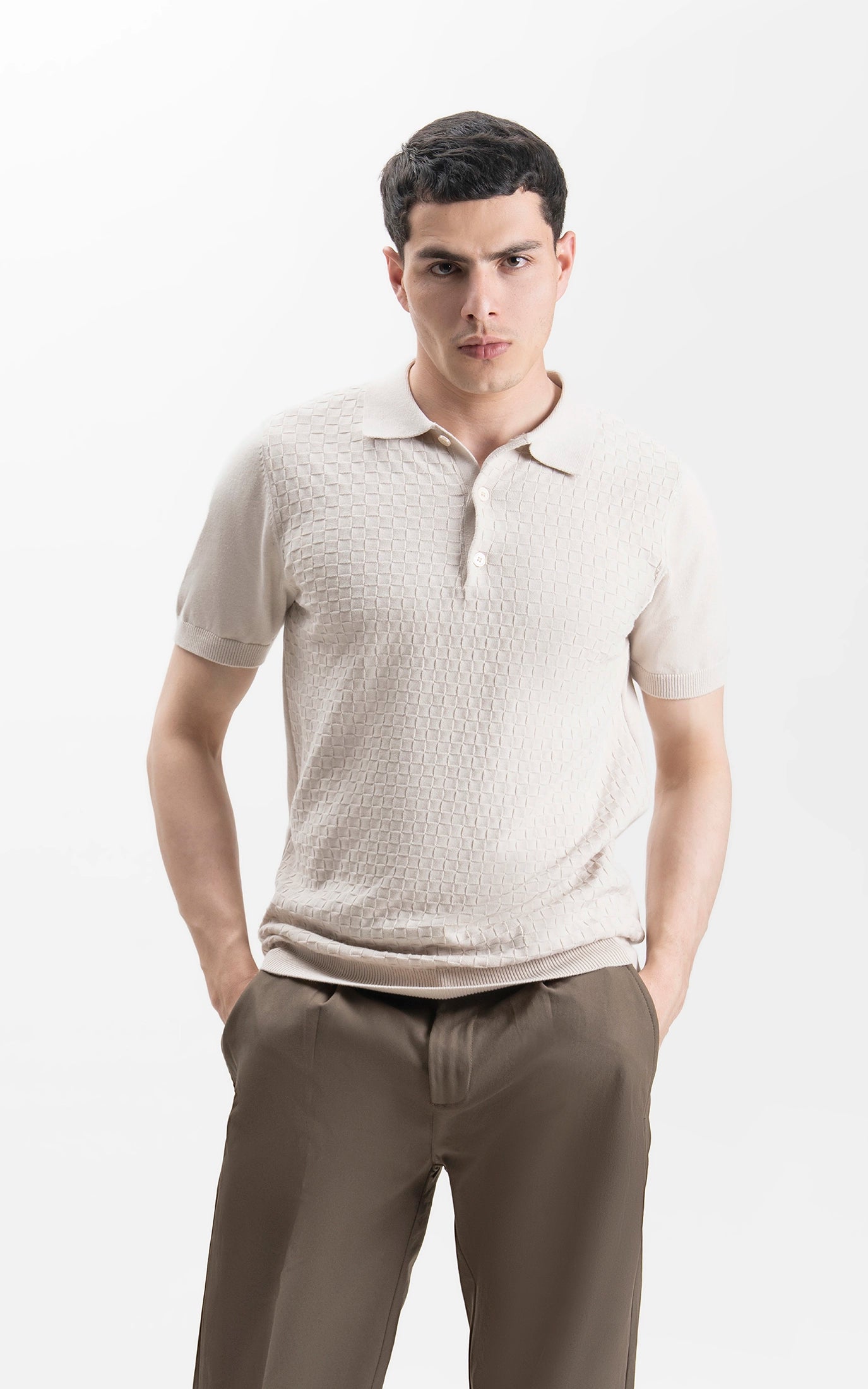 SWEATER KNIT SELF TEXTURED POLO BEIGE