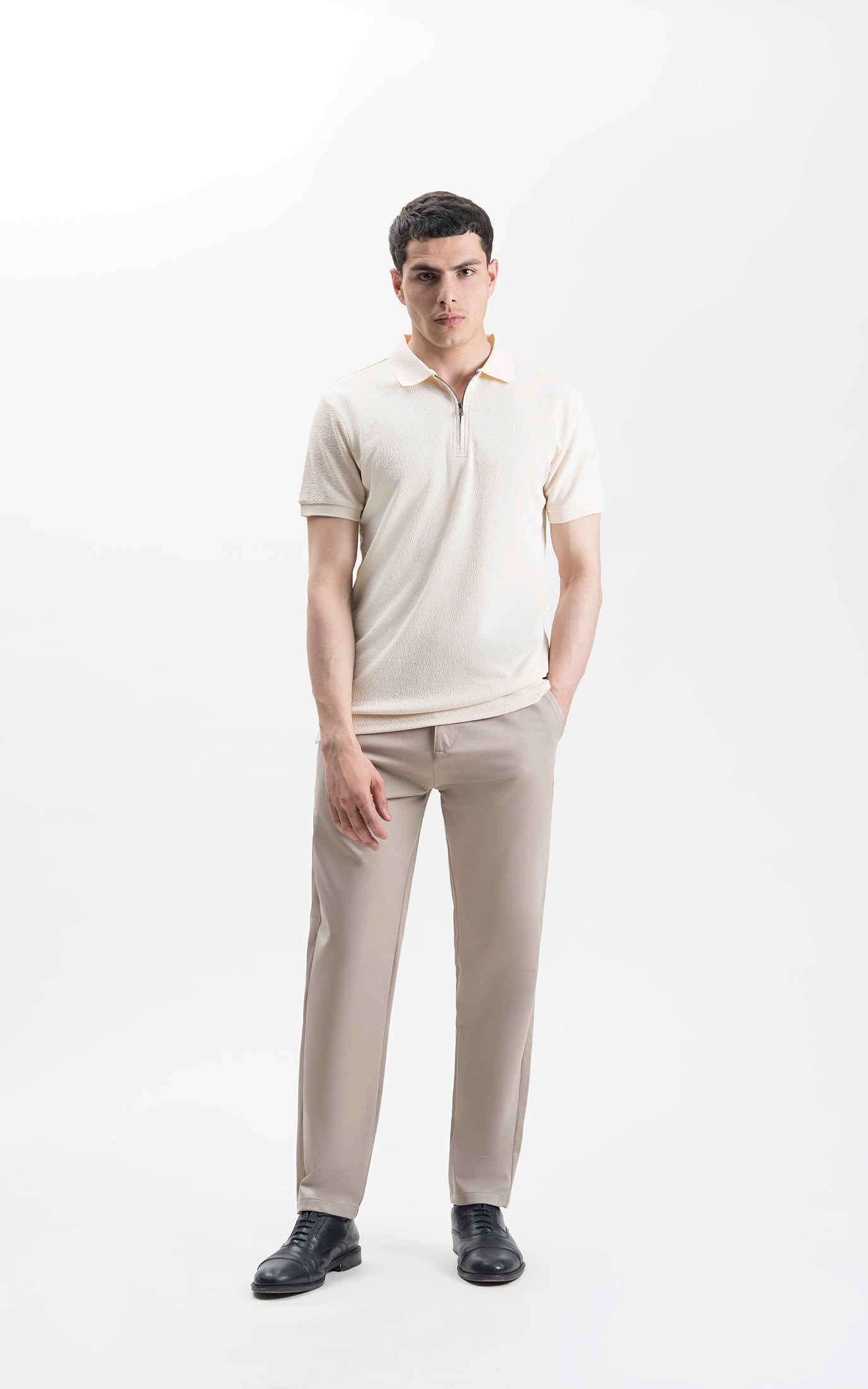 JACQUARD TEXTURED ZIP POLO SHIRT BEIGE