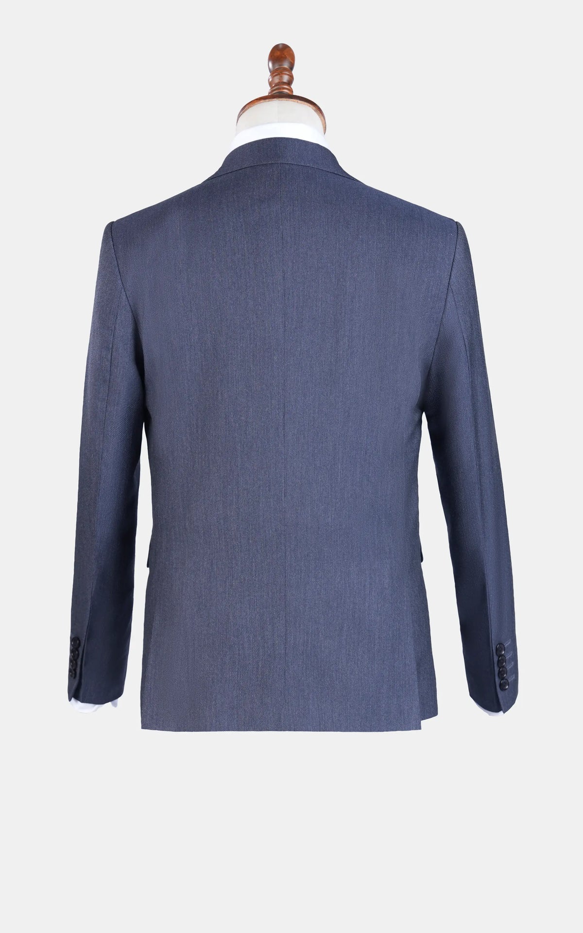 Teal blue suit jacket back view with smooth shoulder seams and center back cut.