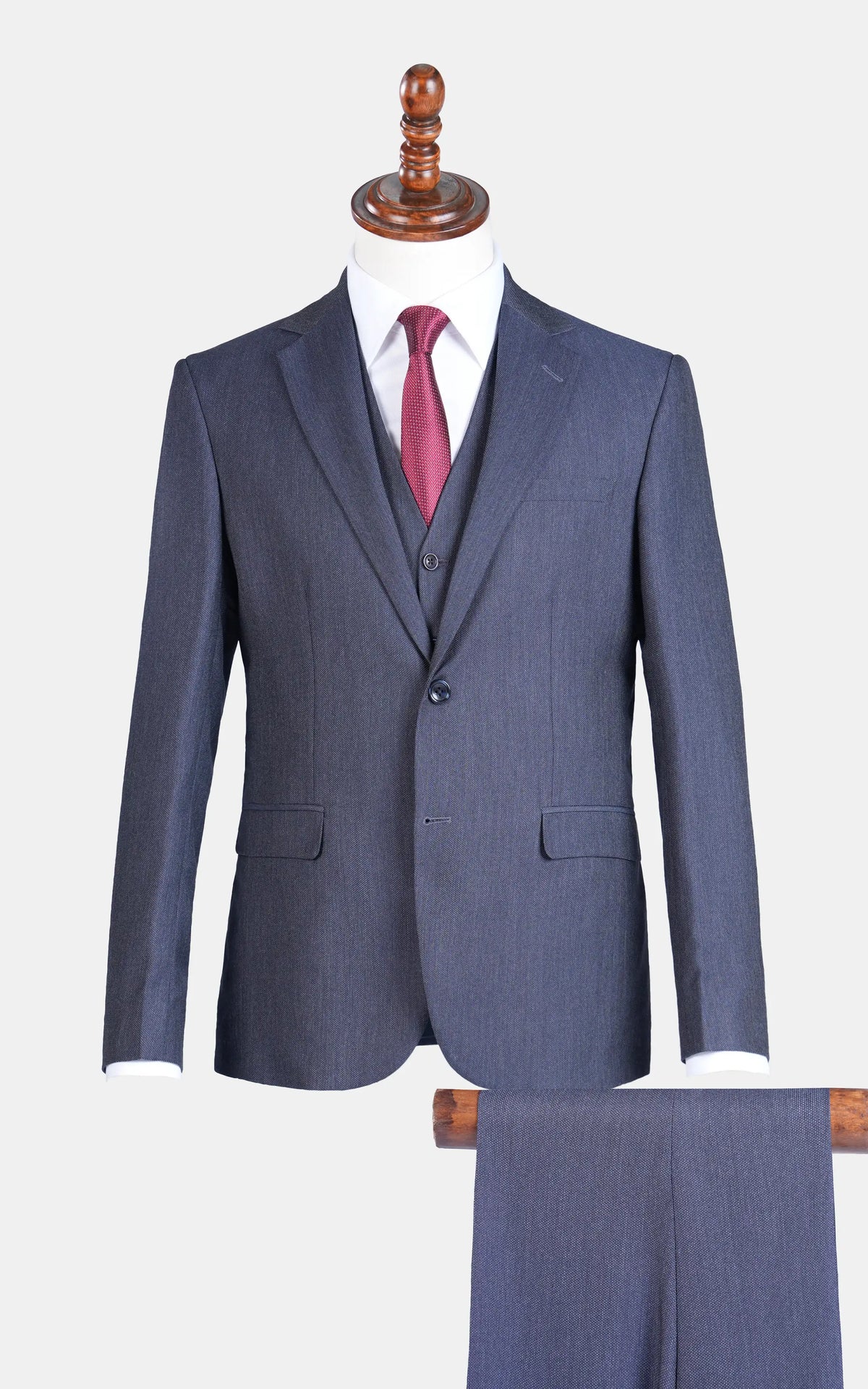 Teal blue 3-piece slim-fit suit jacket with notch lapel and flap pockets; pants included.