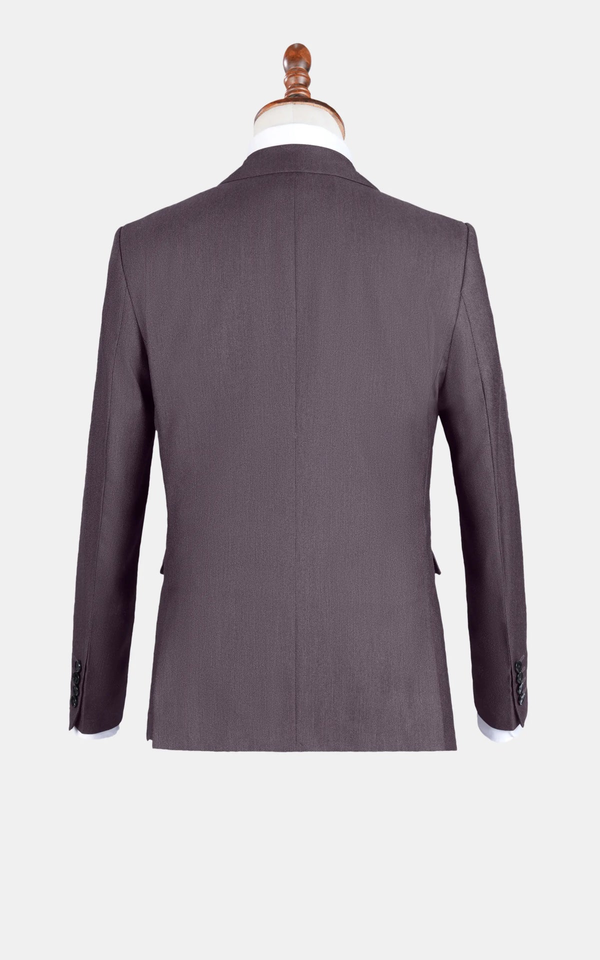 Dark brown suit jacket back view with center seam and single vent