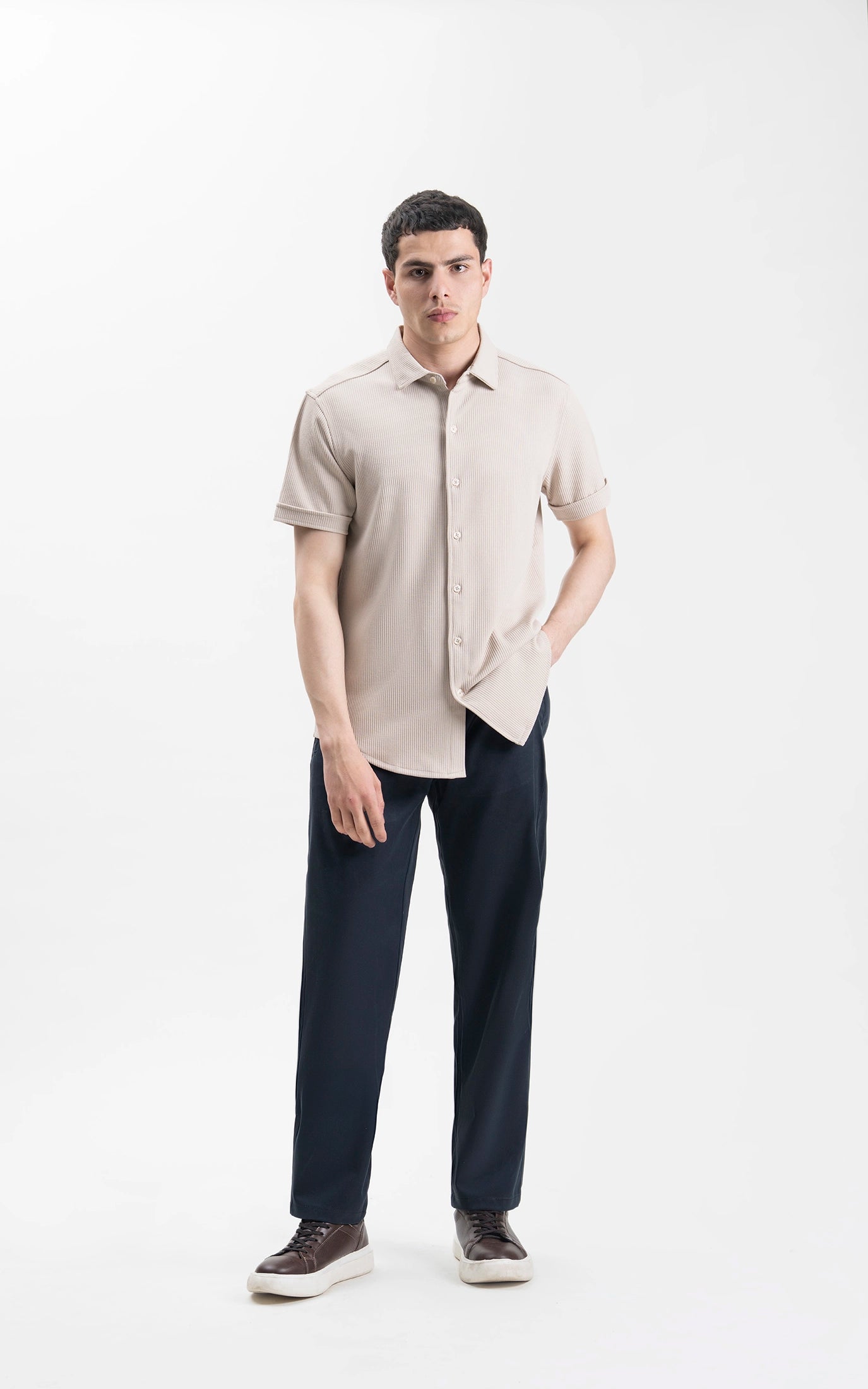 SELF JACQUARD STRIPED CASUAL SHIRT BEIGE