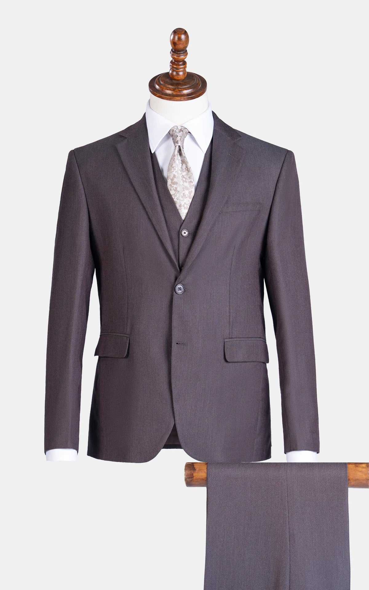 Dark brown 3-piece suit jacket with notch lapel, matching vest and trousers