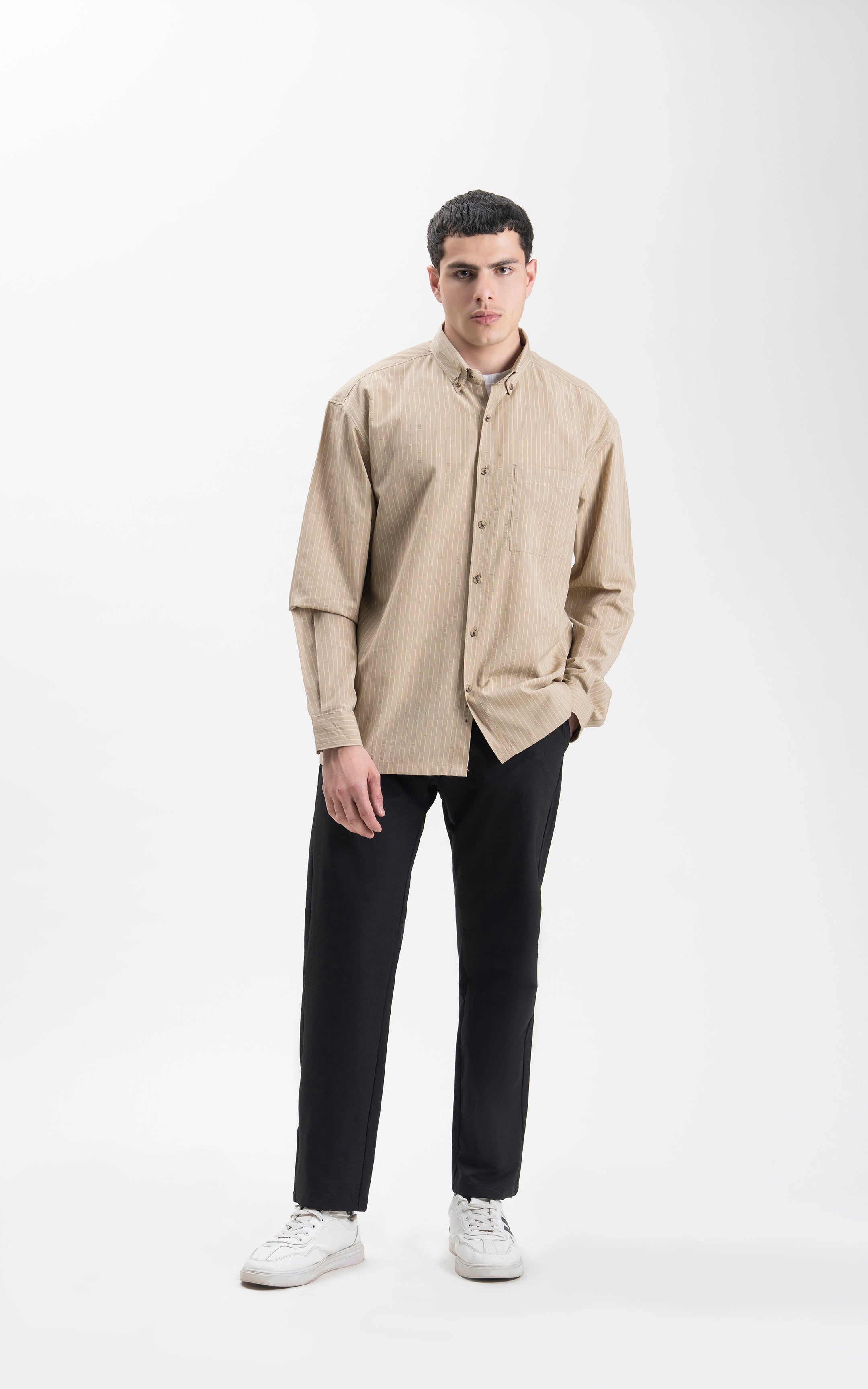 BUTTON DOWN COLLAR STRIPED CASUAL SHIRT KHAKI