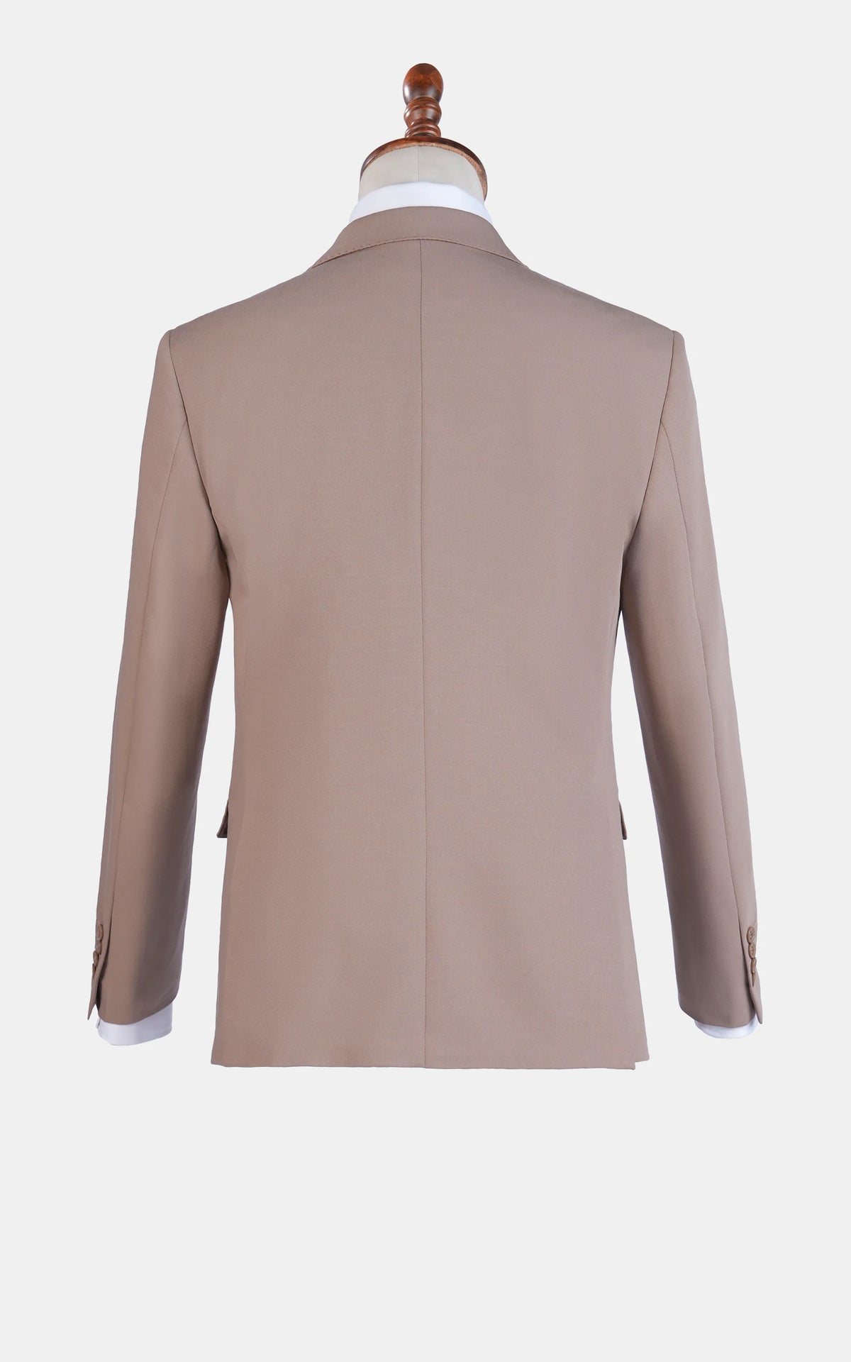Light brown two-piece suit jacket, back view with shoulder seam and rear fit