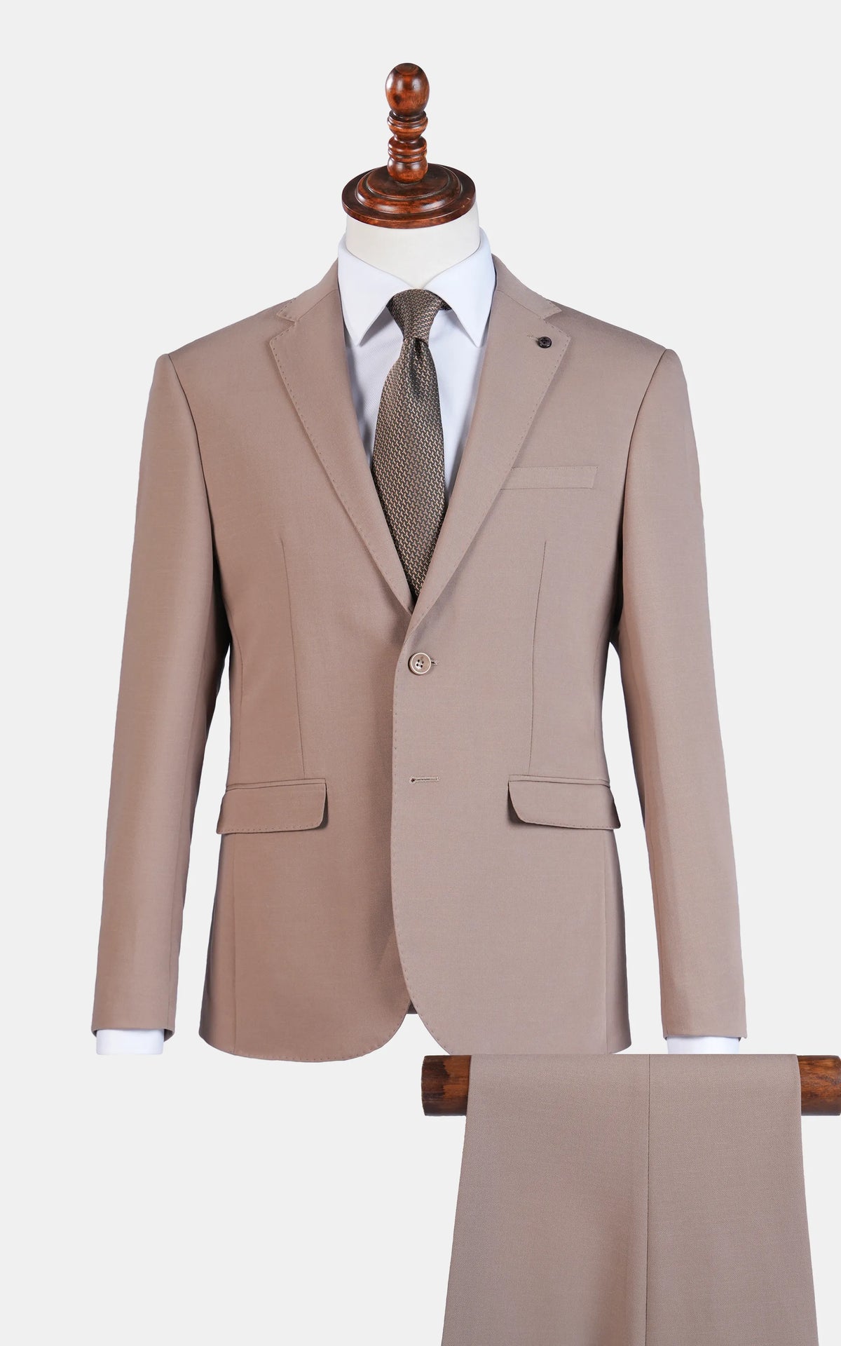 Light brown two-piece suit with notch lapel jacket and matching trousers, front view