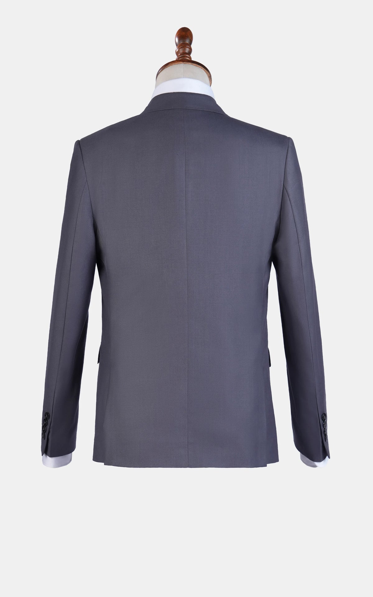 Back view of slim-fit grey suit jacket on a mannequin