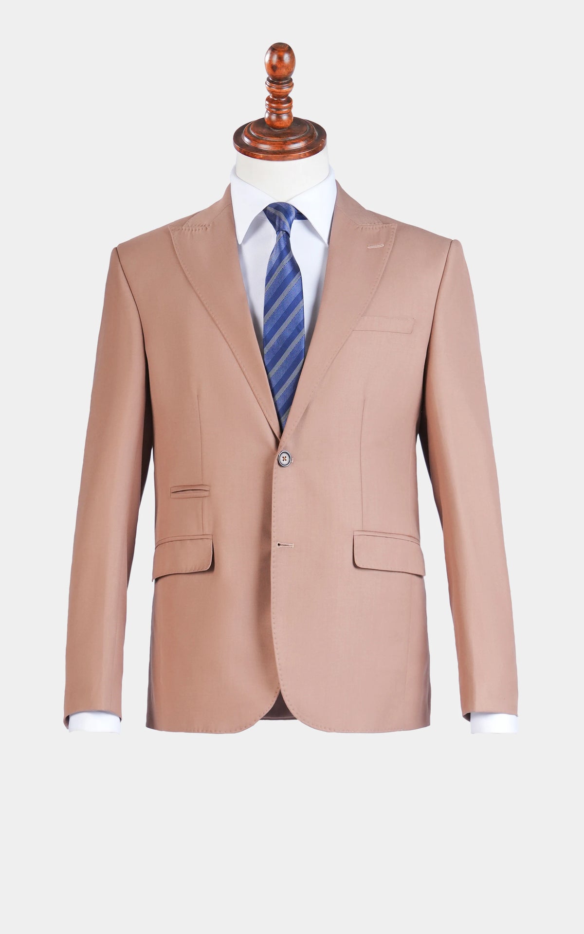 Light brown slim-fit suit jacket with flap pockets and single-breasted button front.