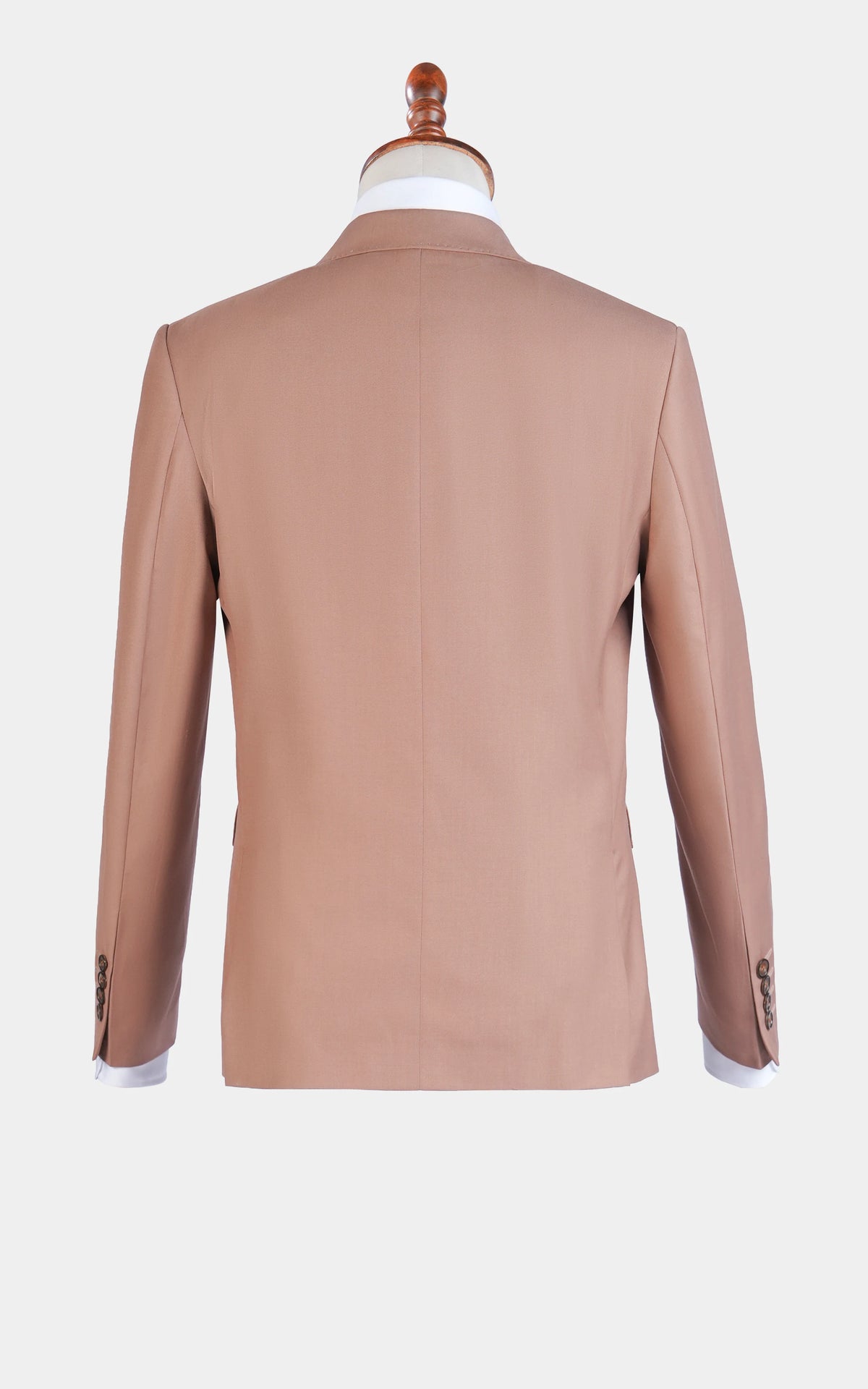 Back view of light brown suit jacket with tailored seams and buttonless back.