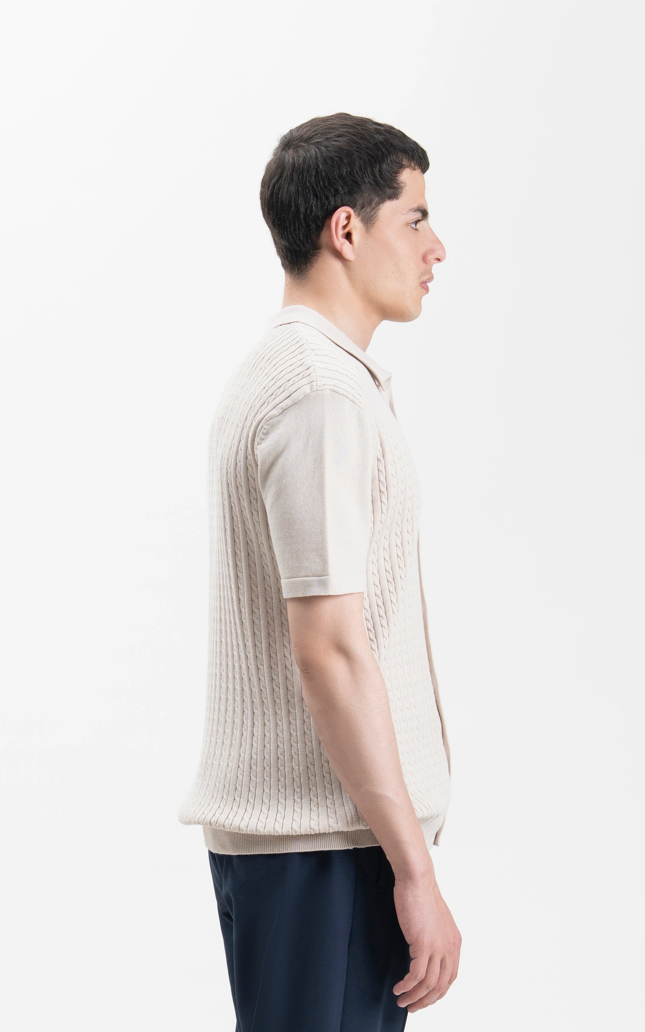HALF SLEEVE CABLE KNIT CASUAL SHIRT BEIGE