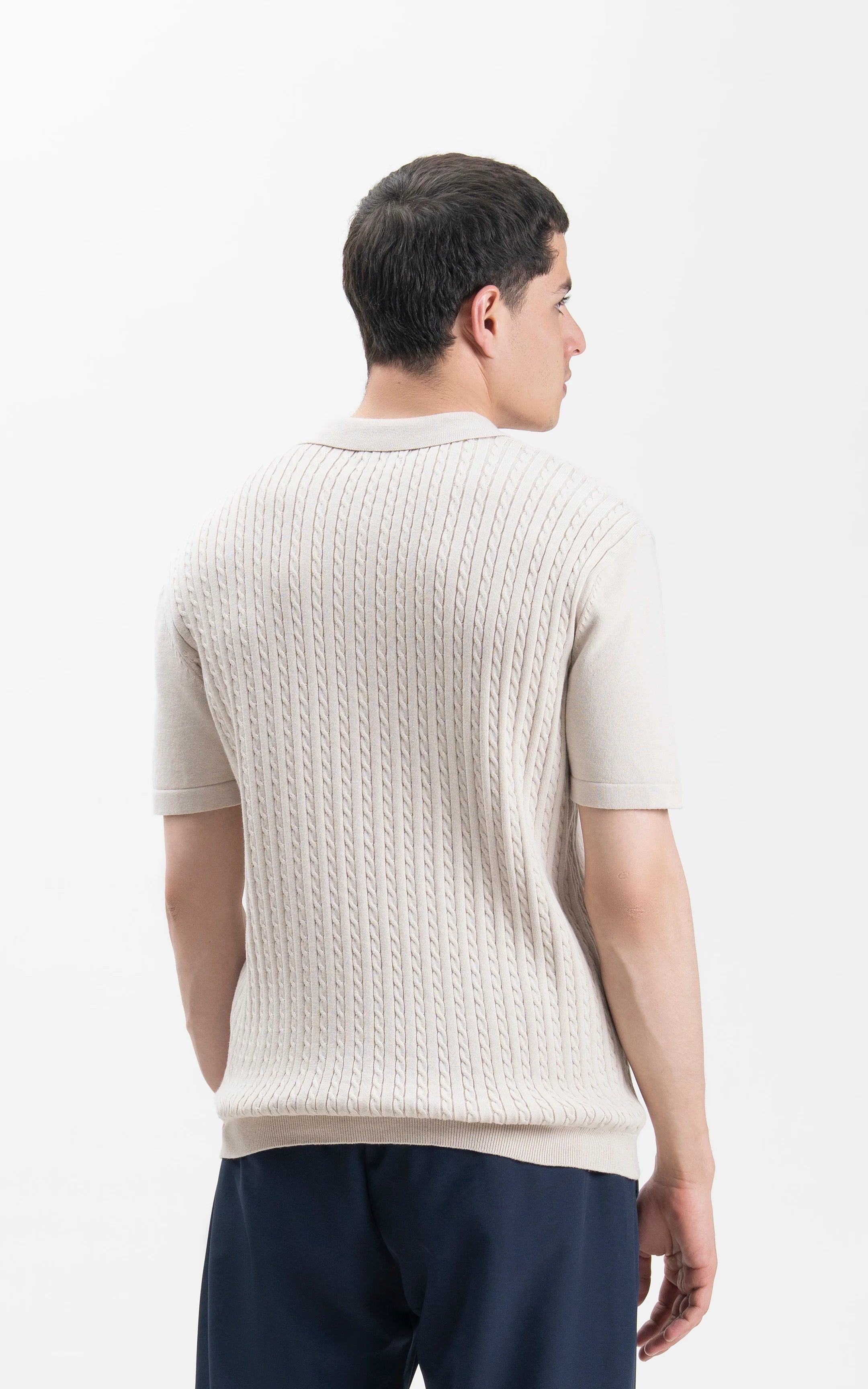 HALF SLEEVE CABLE KNIT CASUAL SHIRT BEIGE