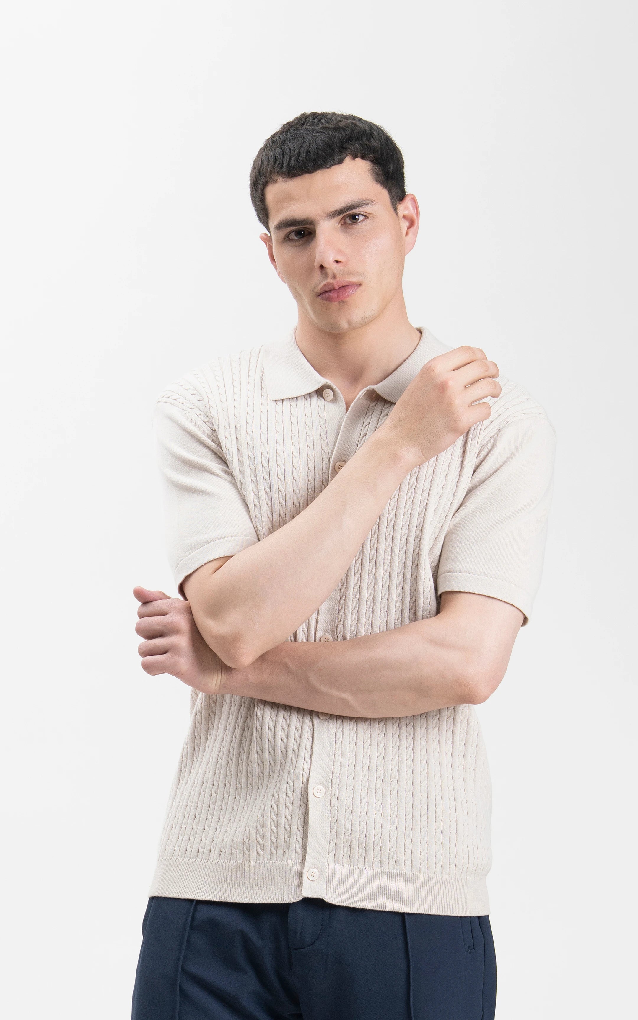 HALF SLEEVE CABLE KNIT CASUAL SHIRT BEIGE