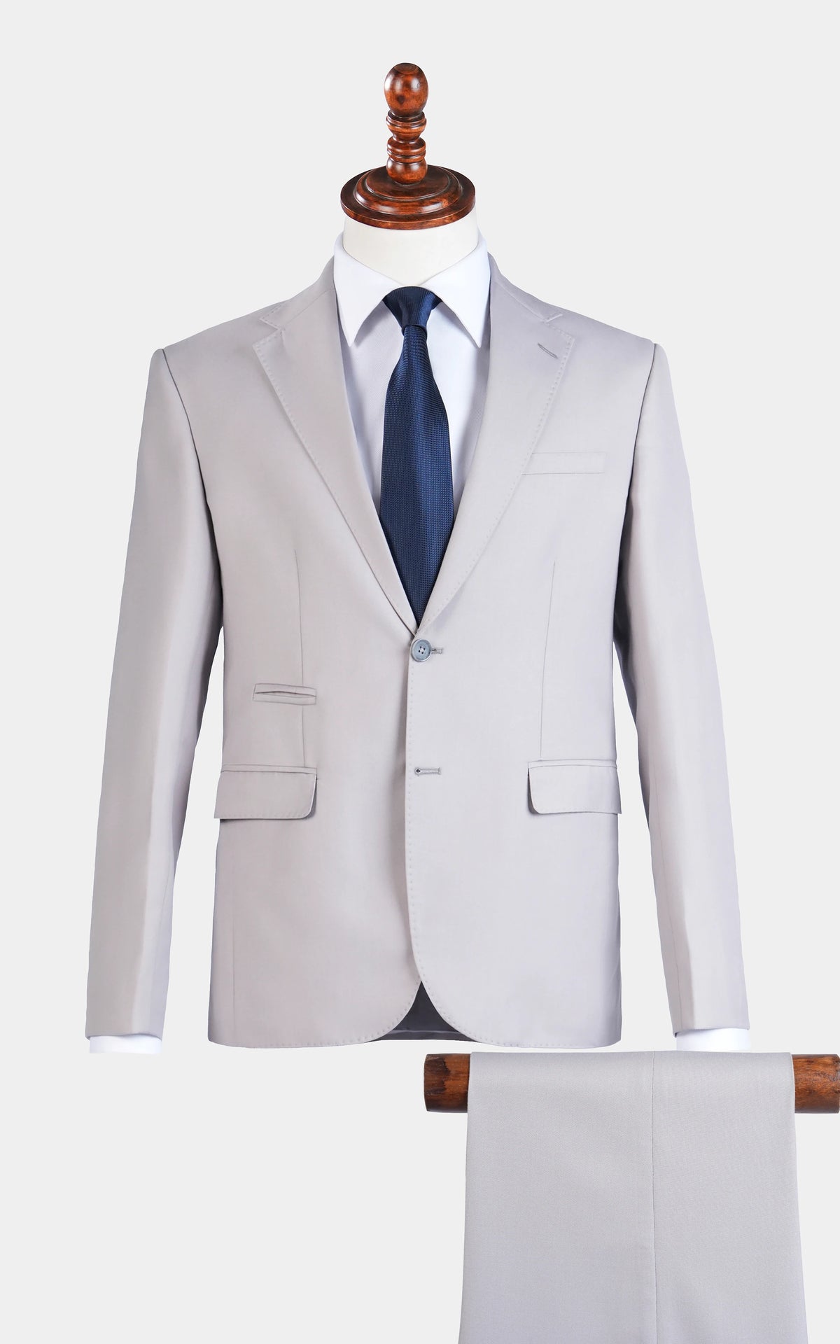 Stone gray notch-lapel suit jacket with welt chest pocket and matching vest
