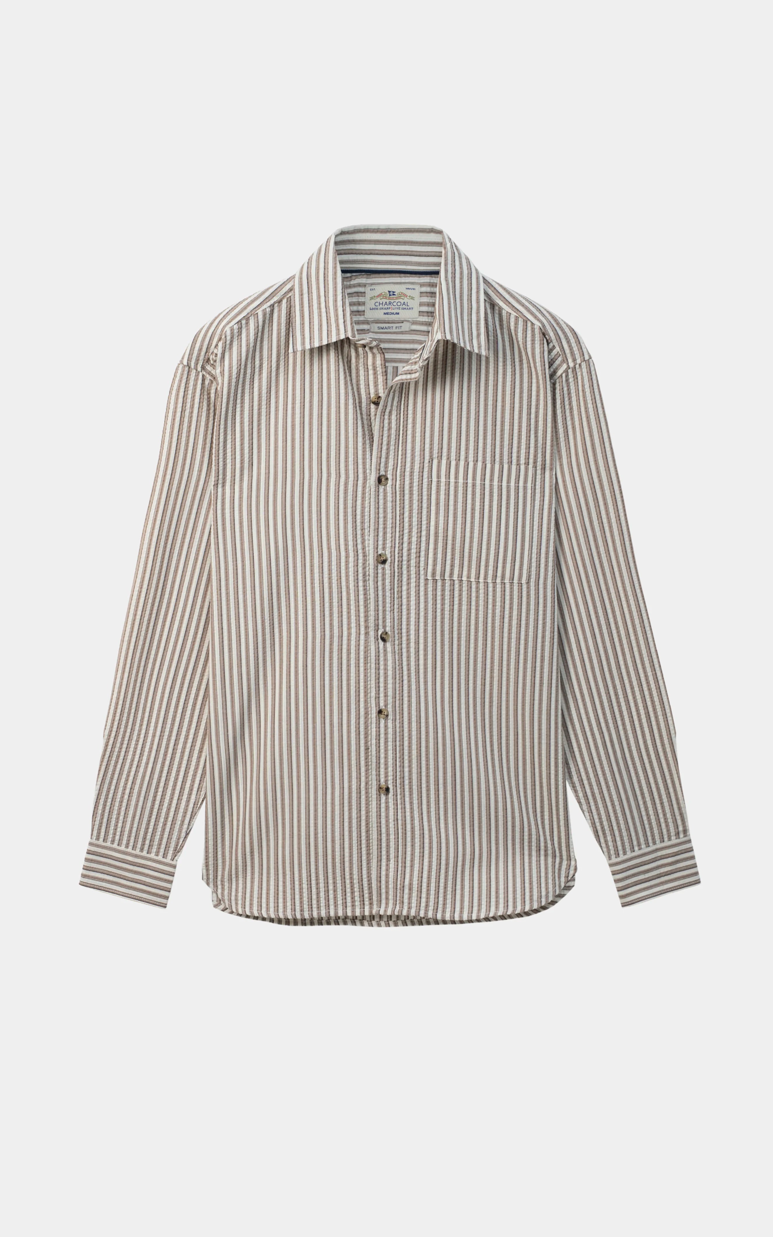 SEERSUCKER STRIPED CASUAL SHIRT KHAKI WHITE