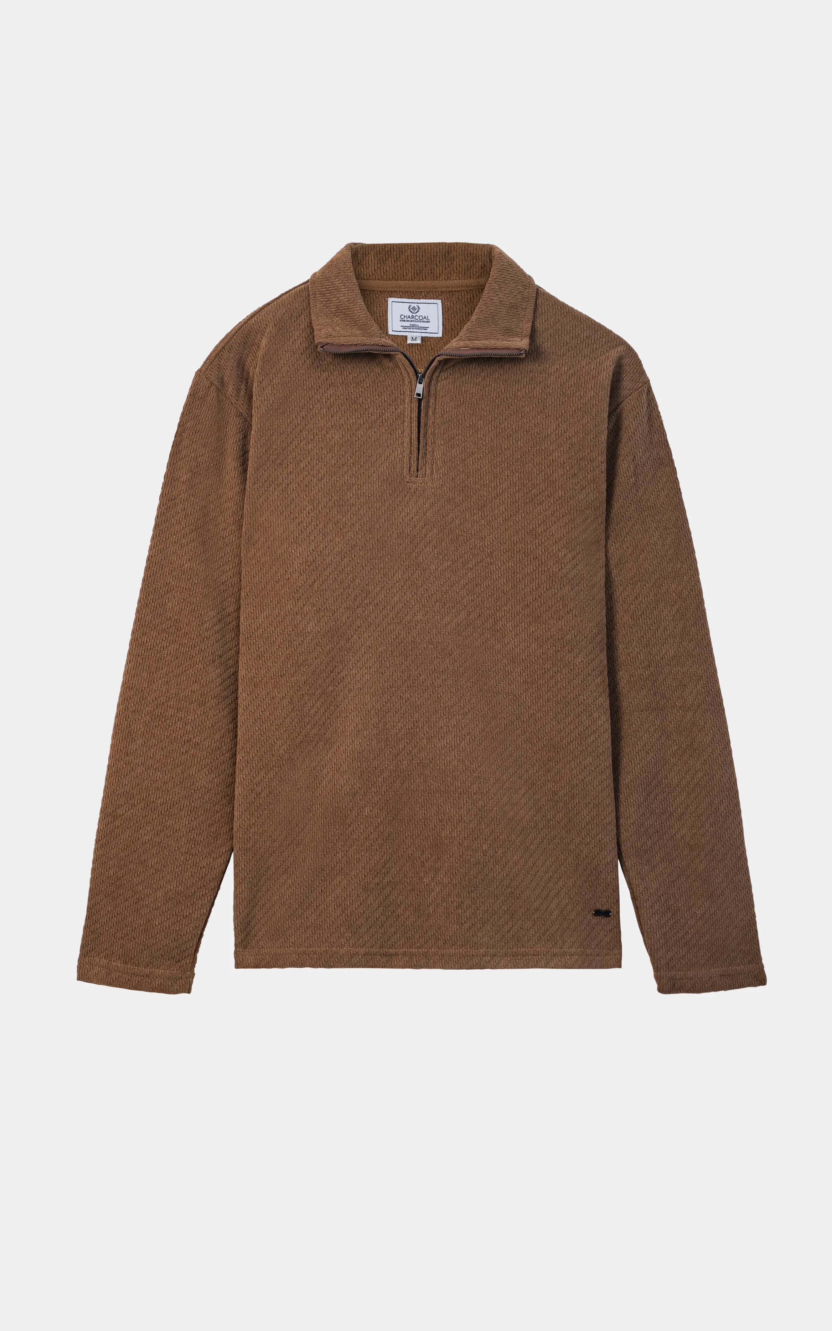 COTTON POLY BLENDED HALF ZIP SWEAT SHIRT BROWN