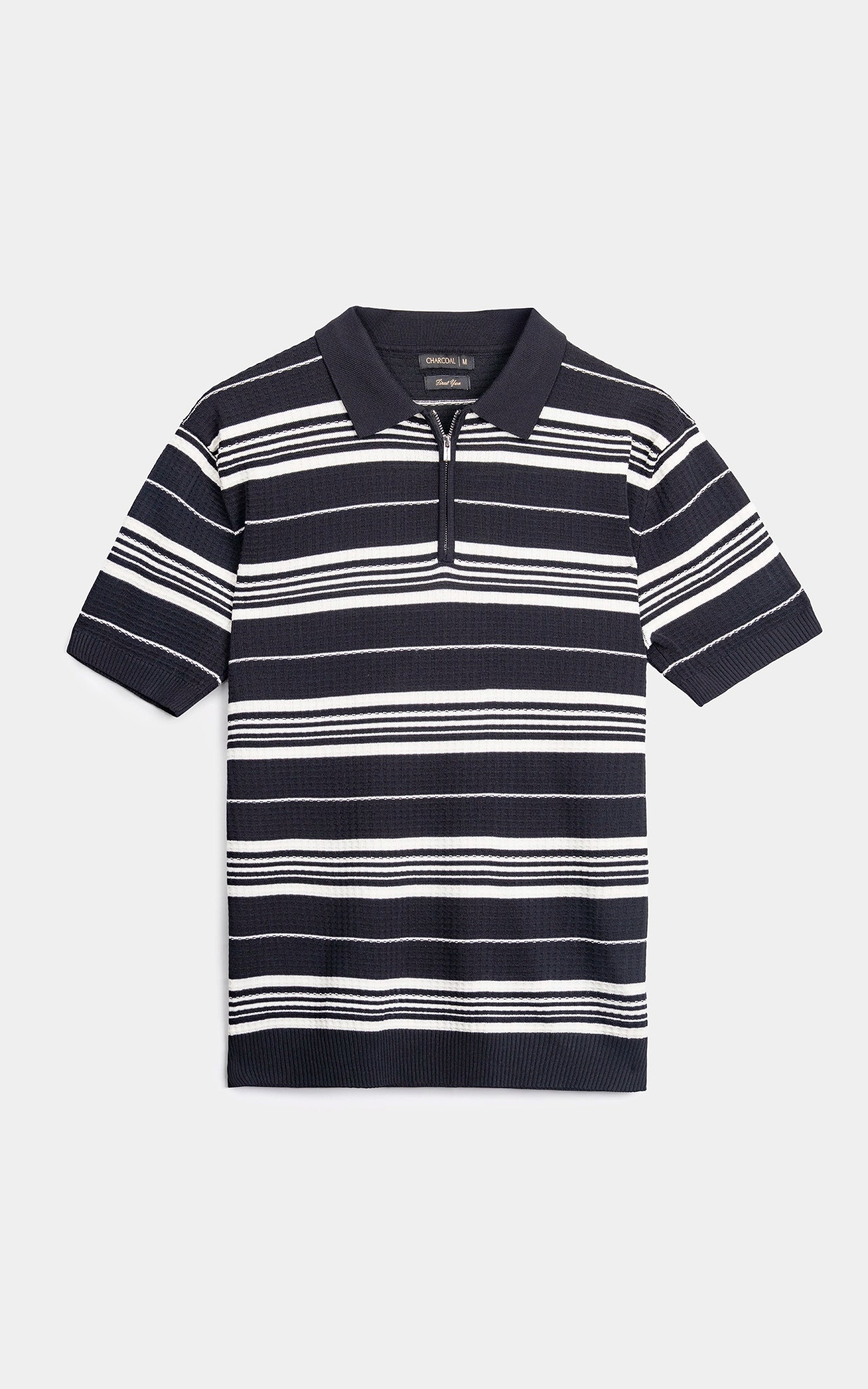 SWEATER KNIT HORIZONTAL STRIPED POLO SHIRT BLACK
