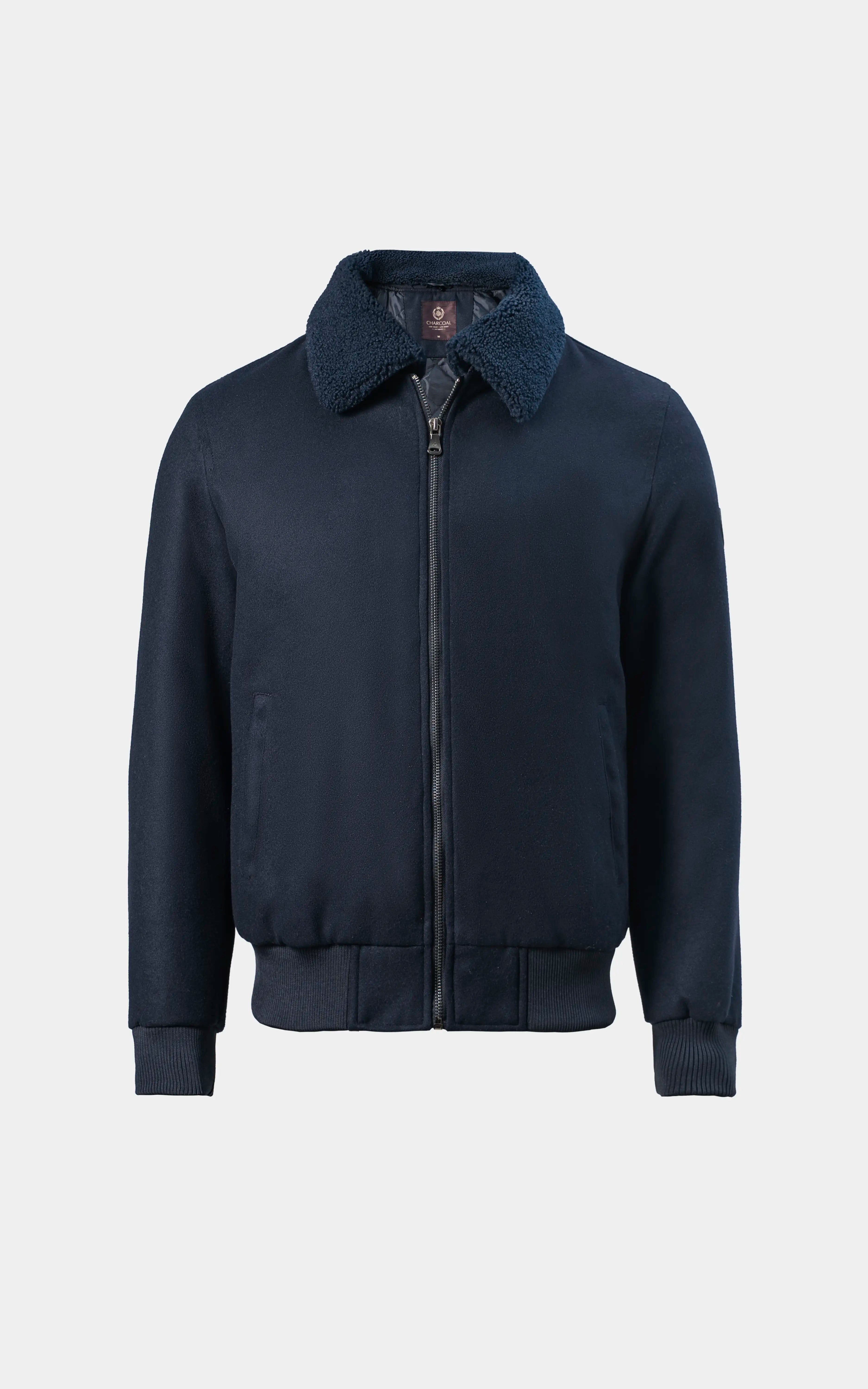 SMART FIT FULLSLEEVE FUR COLLAR WOOL JACKET NAVY