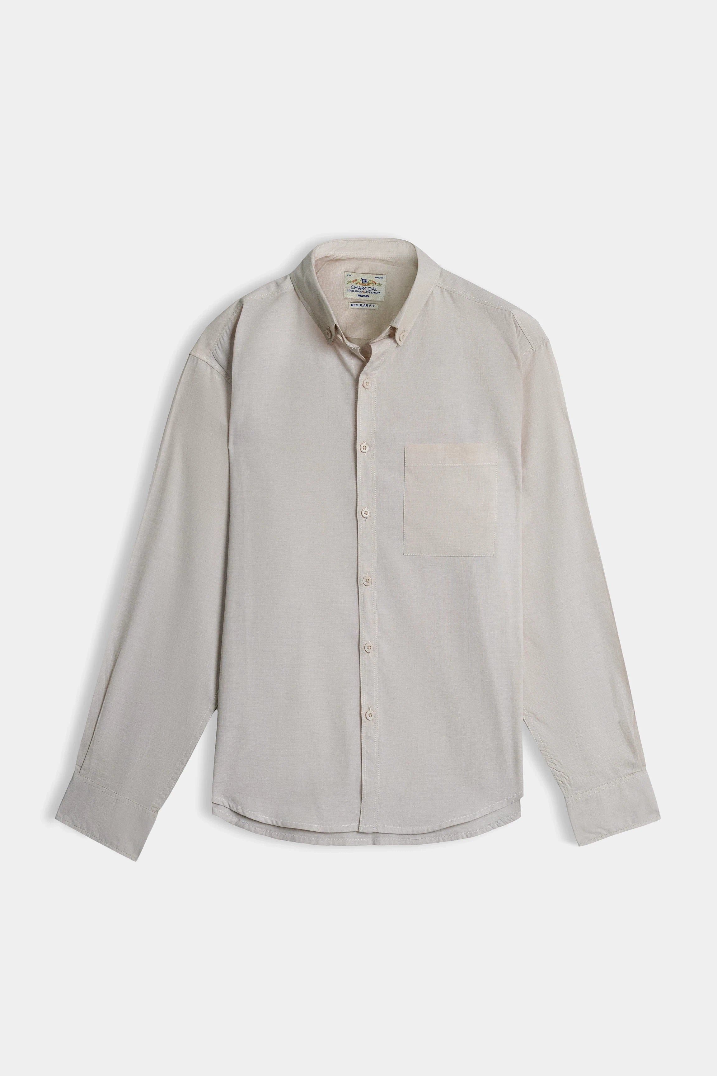 Khaki button-down regular fit casual shirt, folded flat front.