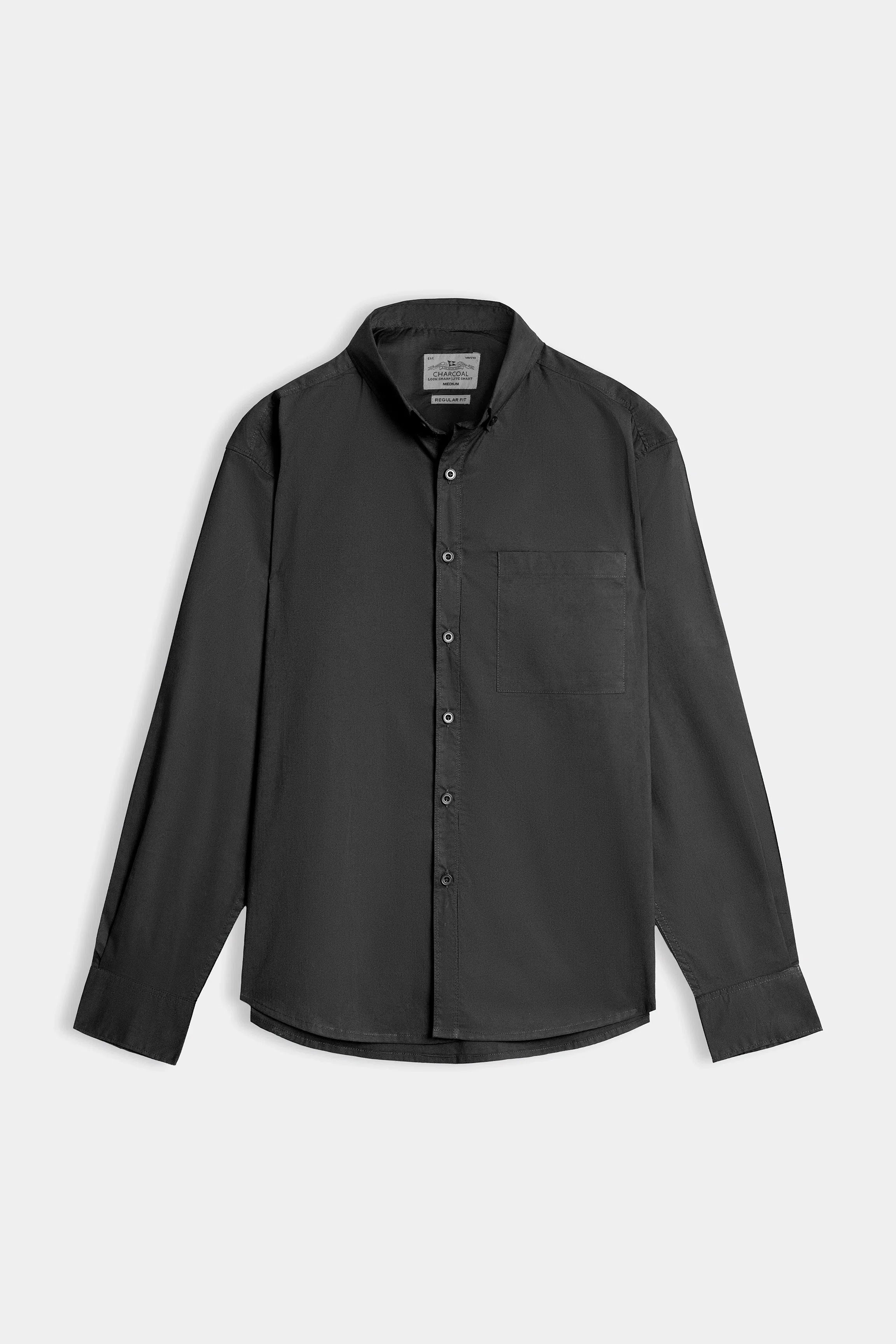 Dark charcoal regular-fit button-down casual shirt, front view
