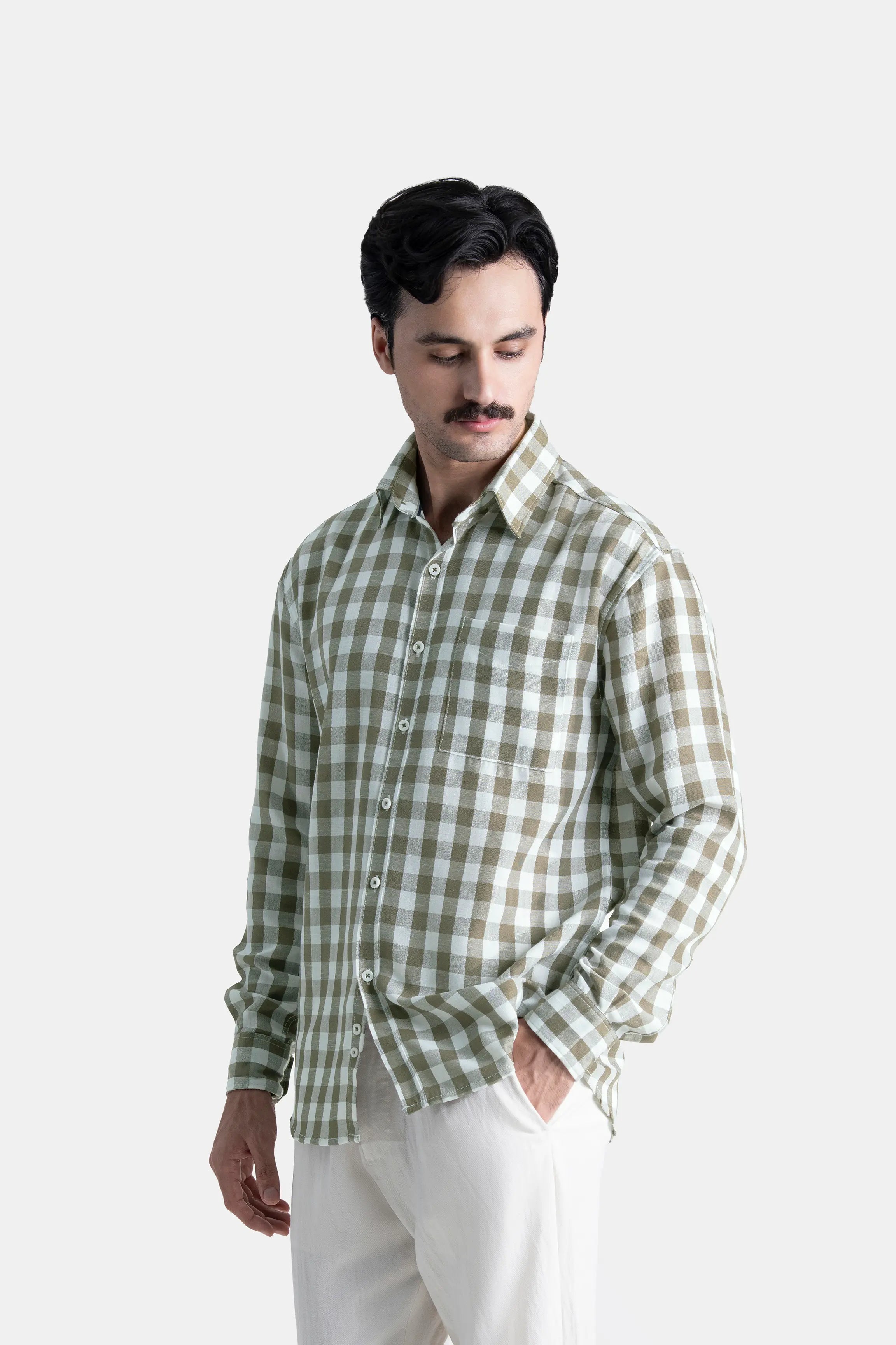 HIDDEN BUTTON DOWN CHECKERED CASUAL SHIRT GREEN CHECK